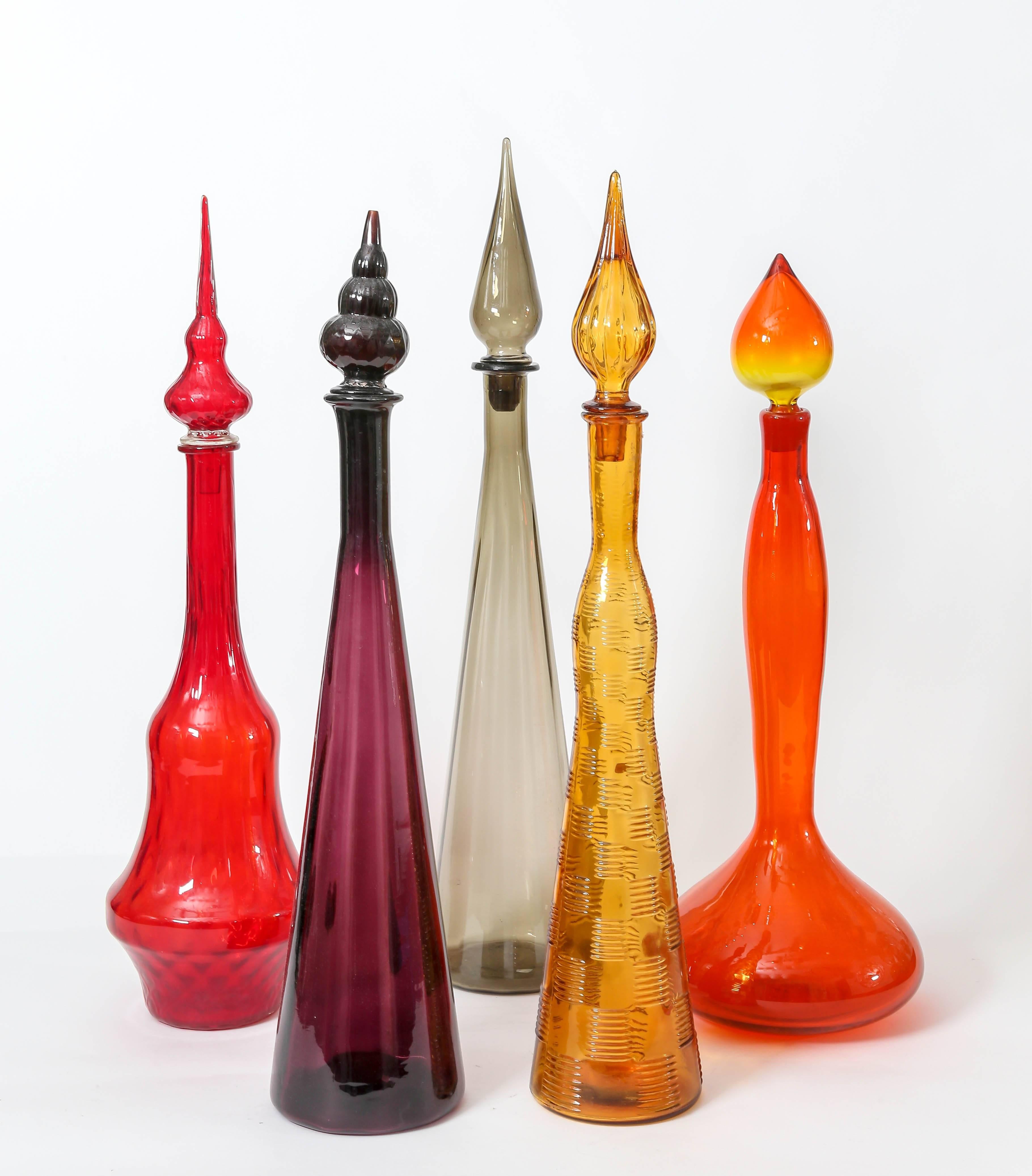 Mid-Century Modern Colorful Vintage Glass Bottles with Stoppers