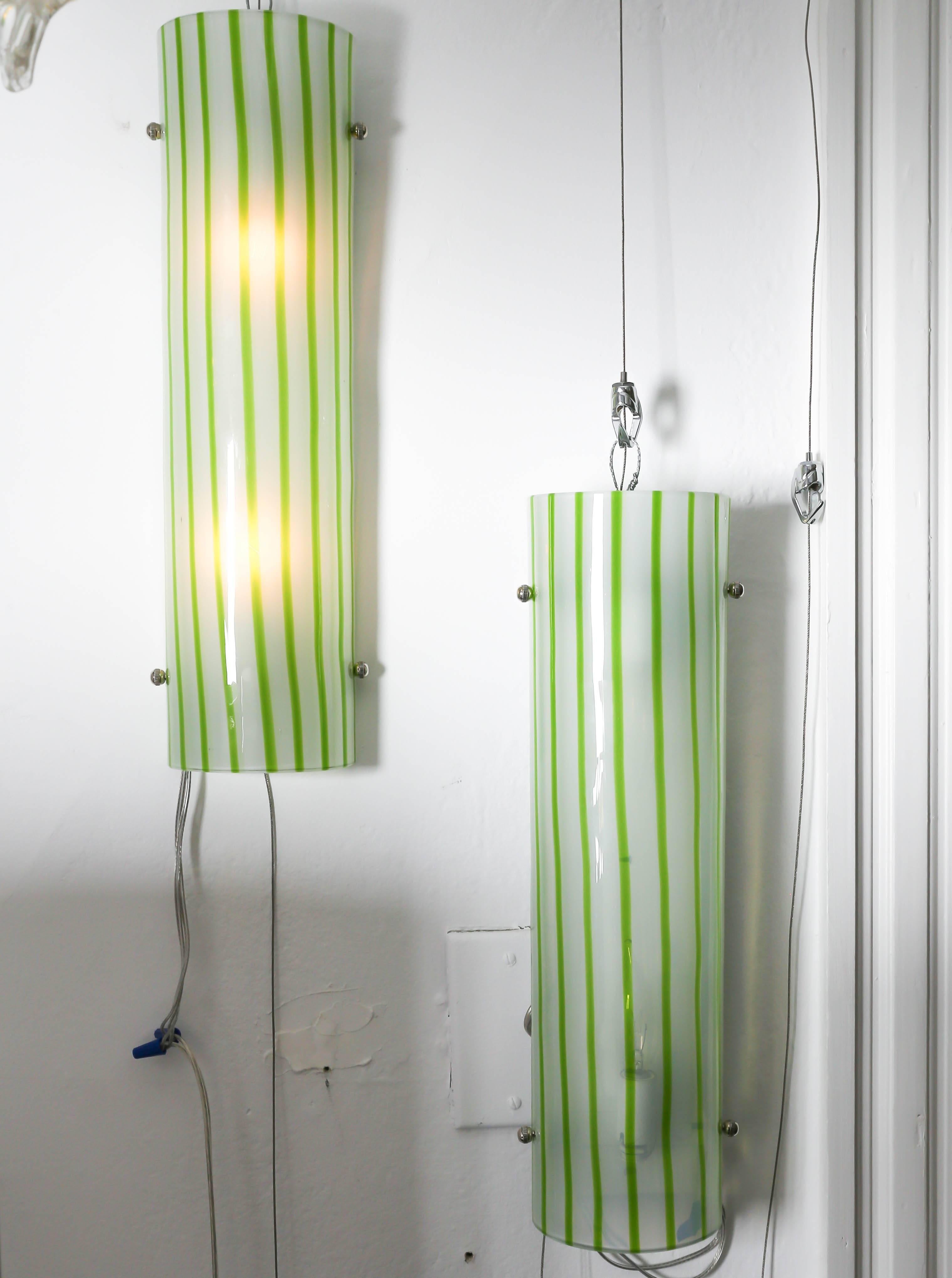 Pair of green and white striped Murano glass sconces by Salviati