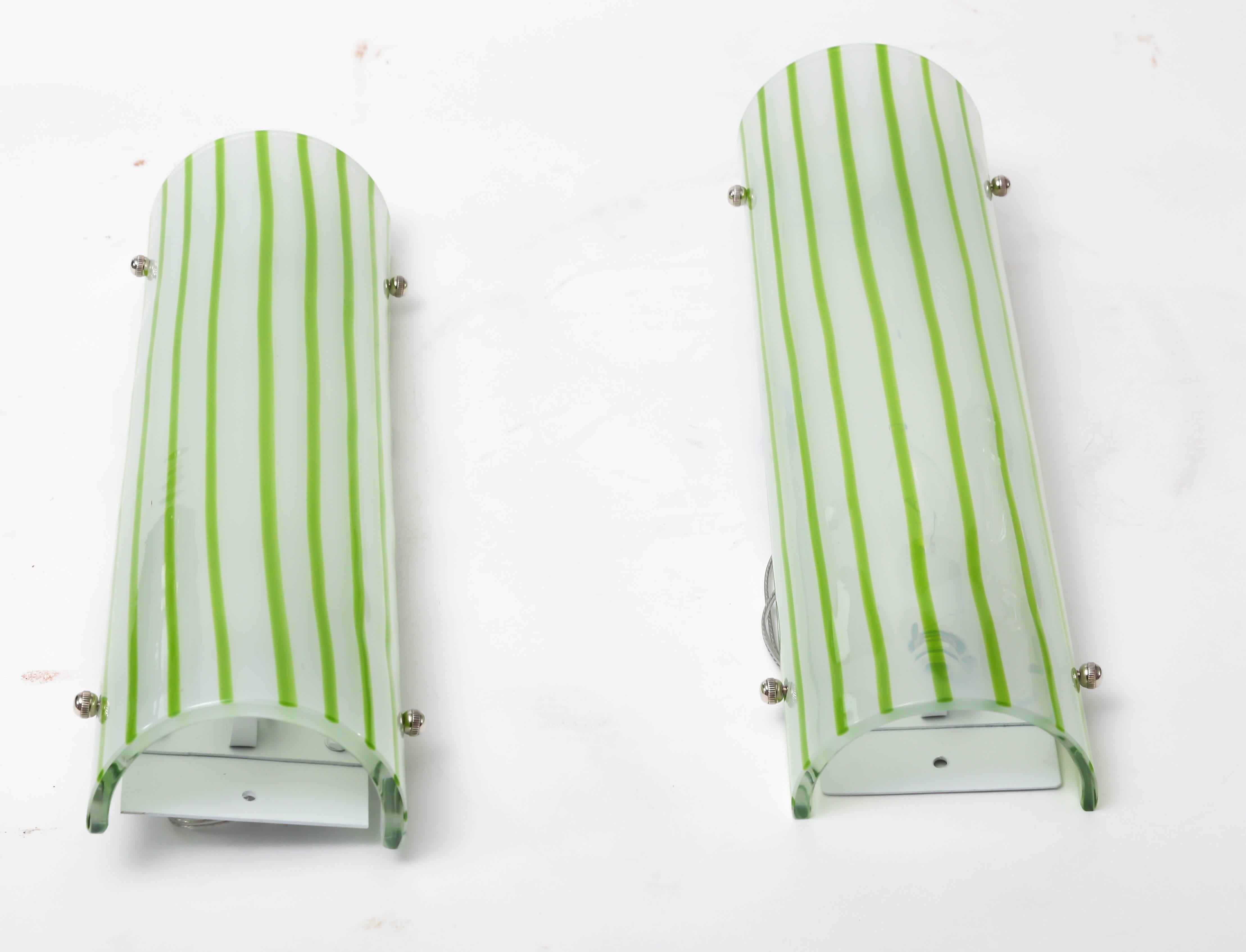 Mid-Century Modern Pair of Green and White Striped Murano Glass Sconces by Salviati