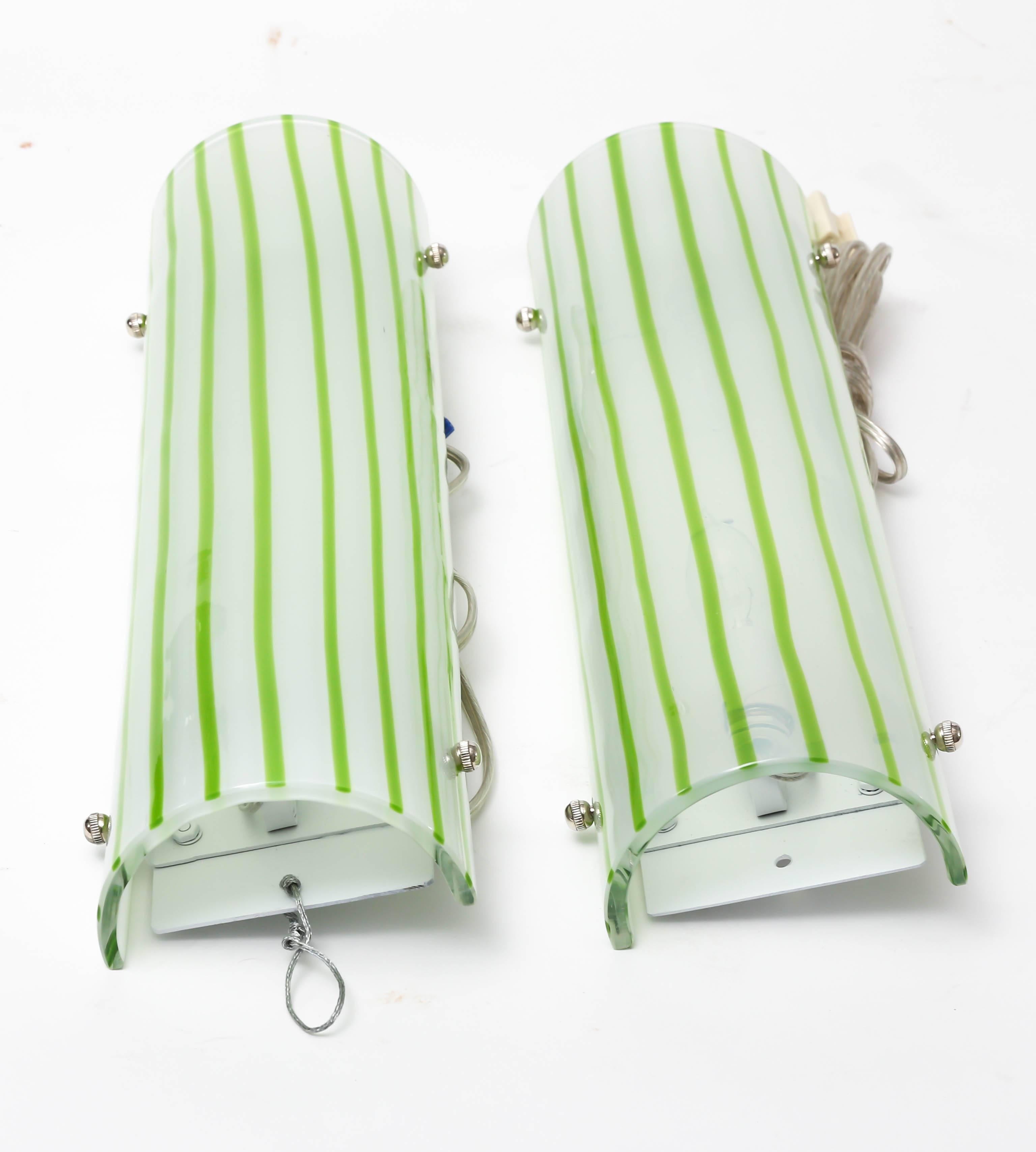 20th Century Pair of Green and White Striped Murano Glass Sconces by Salviati