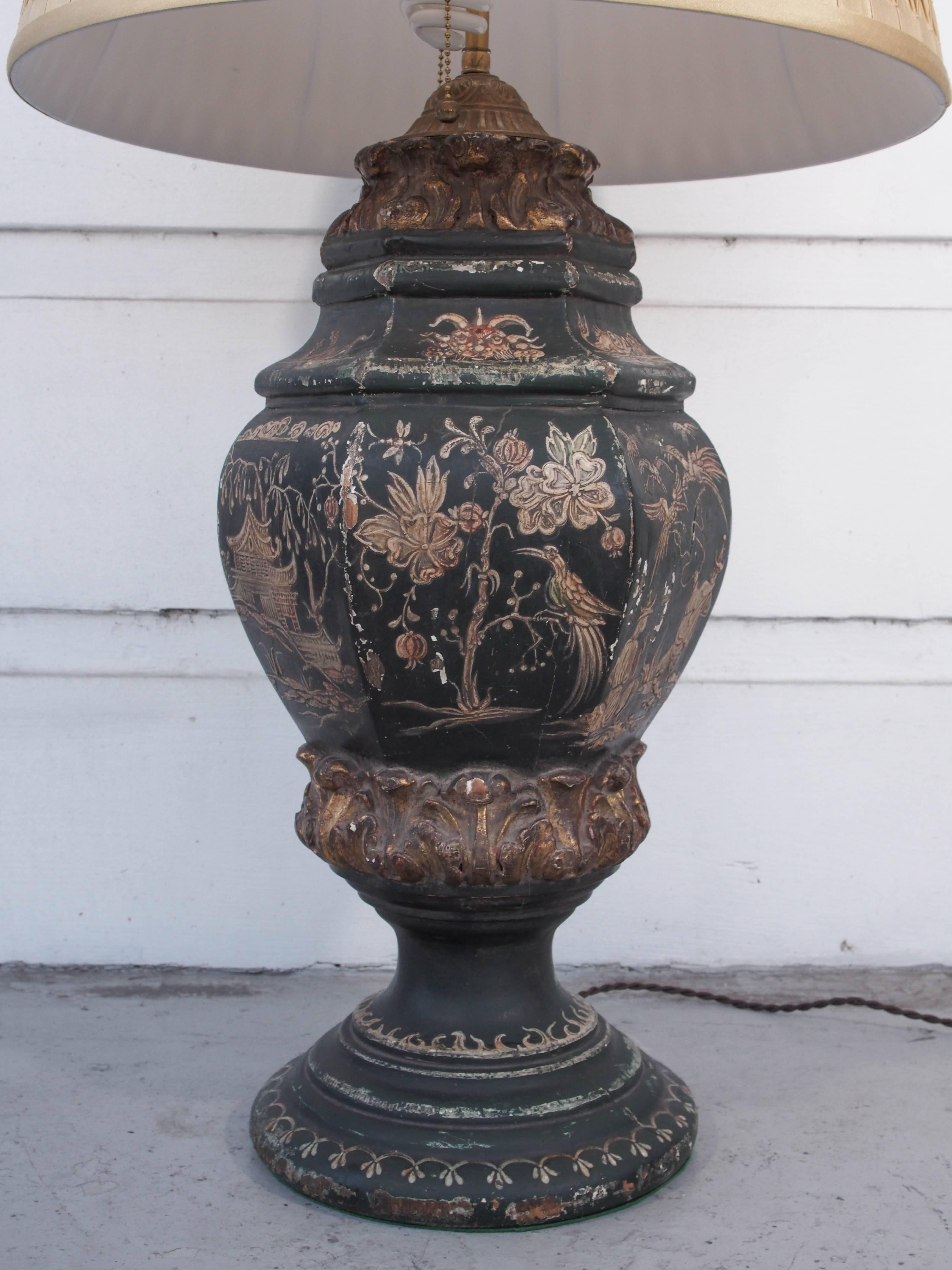 Italian Pair of 19th Century Chinoiserie Decorated Wooden Finials as Lamps