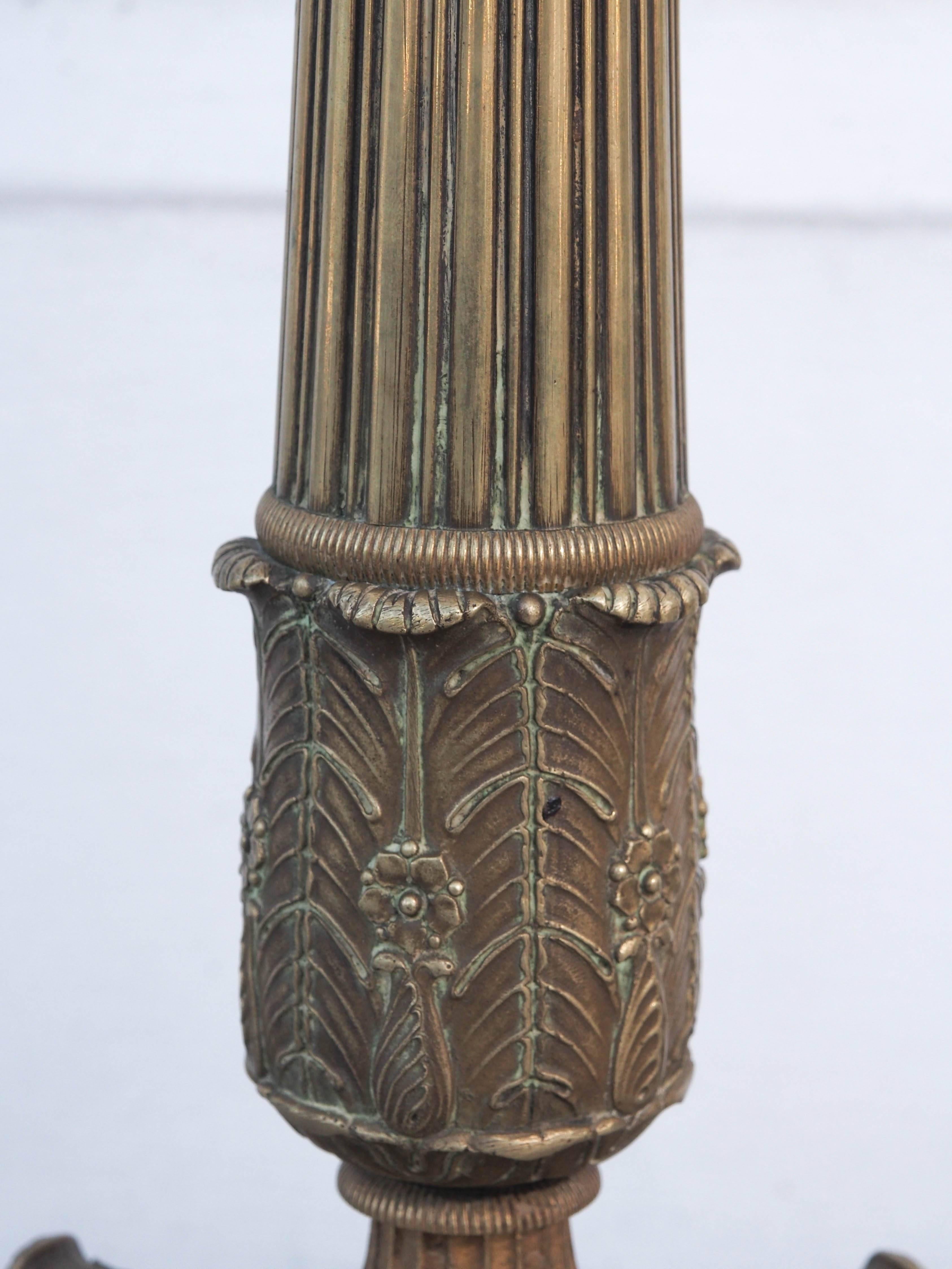 French Pair of Bronze Trifed Base Column Lamps from Candlesticks For Sale