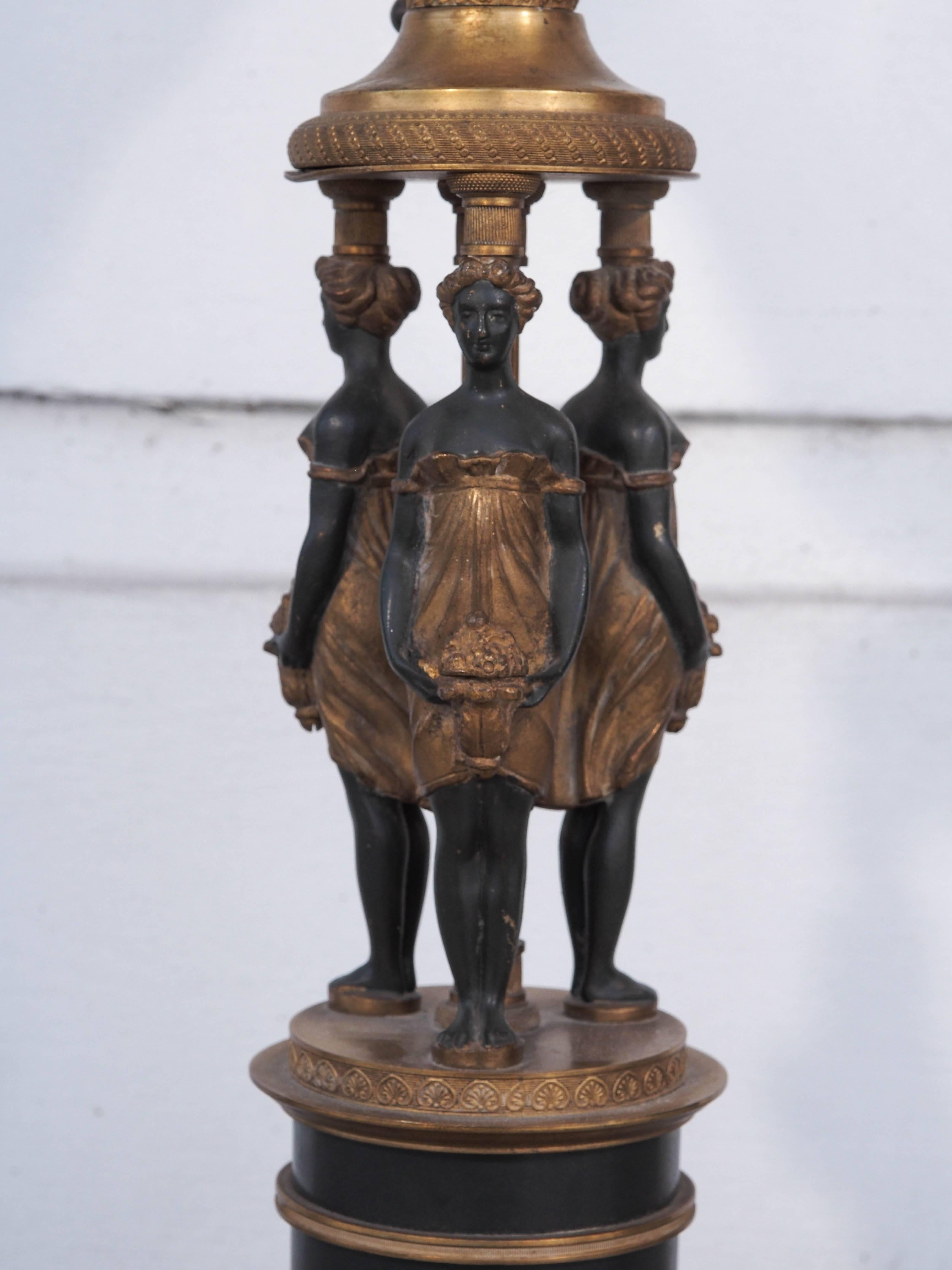 French Pair of Gilt Bronze and Patinated Bronze Lamps with Three Graces For Sale