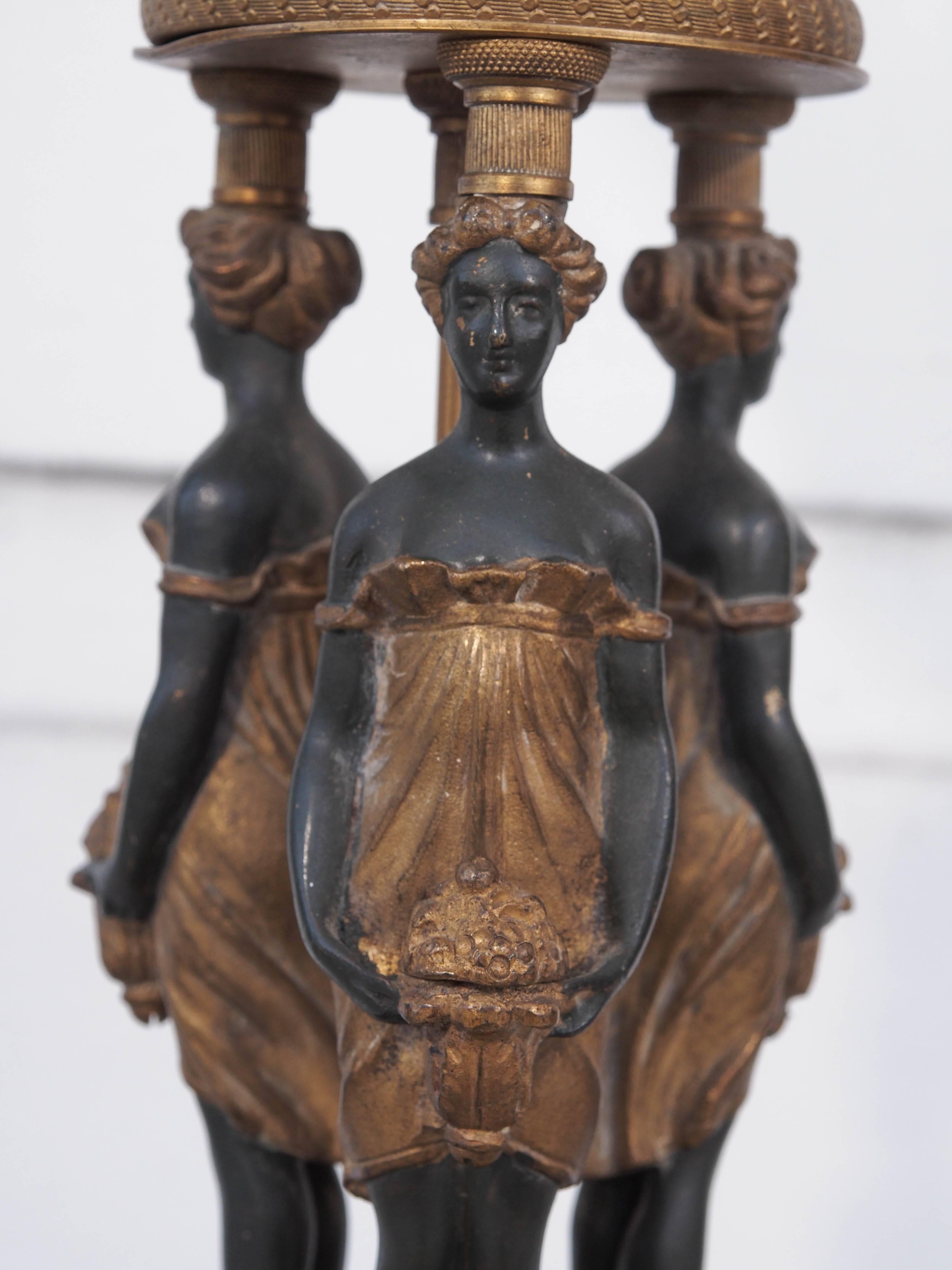Early 20th Century Pair of Gilt Bronze and Patinated Bronze Lamps with Three Graces For Sale