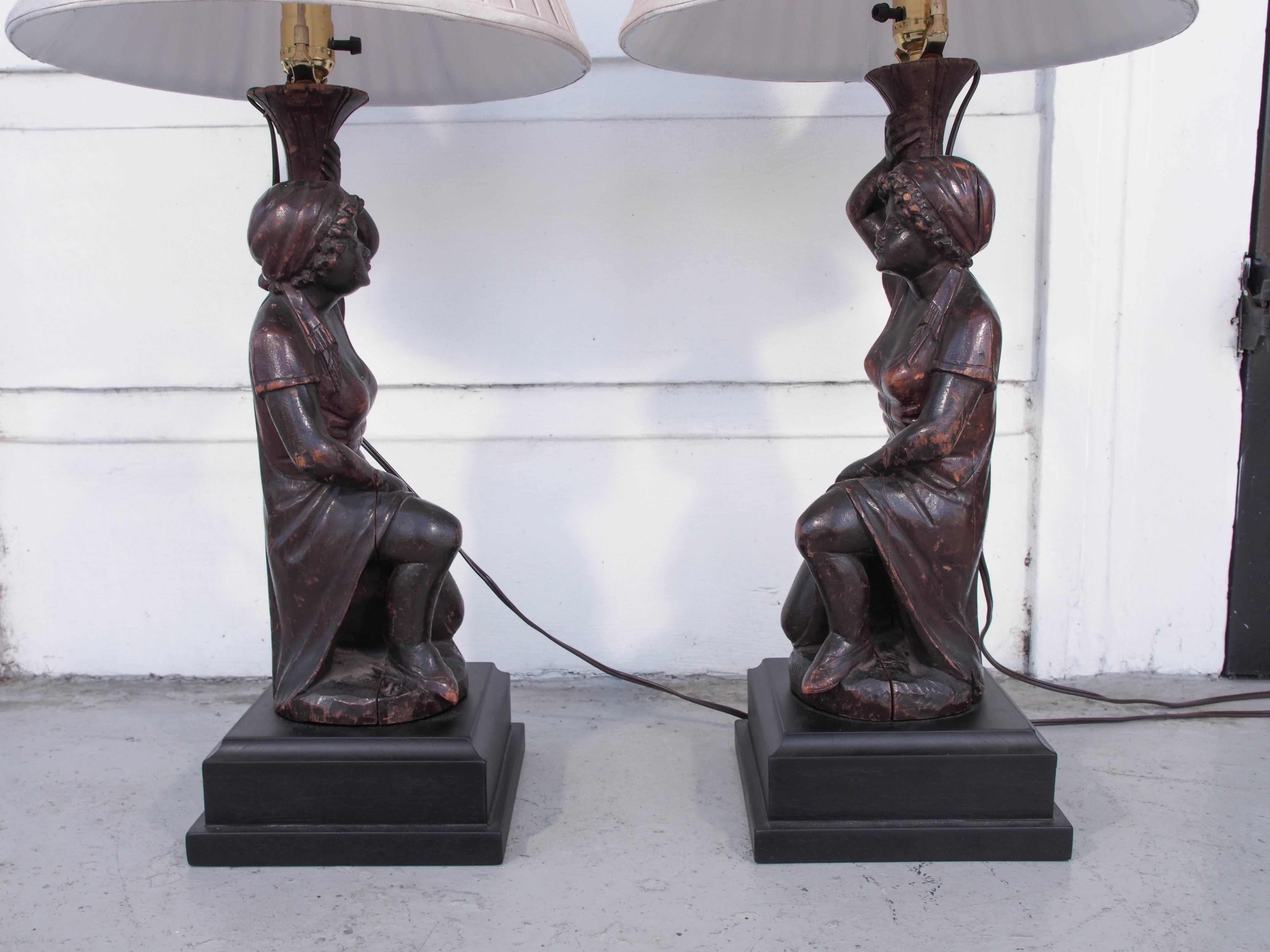 Pair of Italian Walnut Figural Candlesticks Now Wired as Lamps on Later Bases For Sale 2