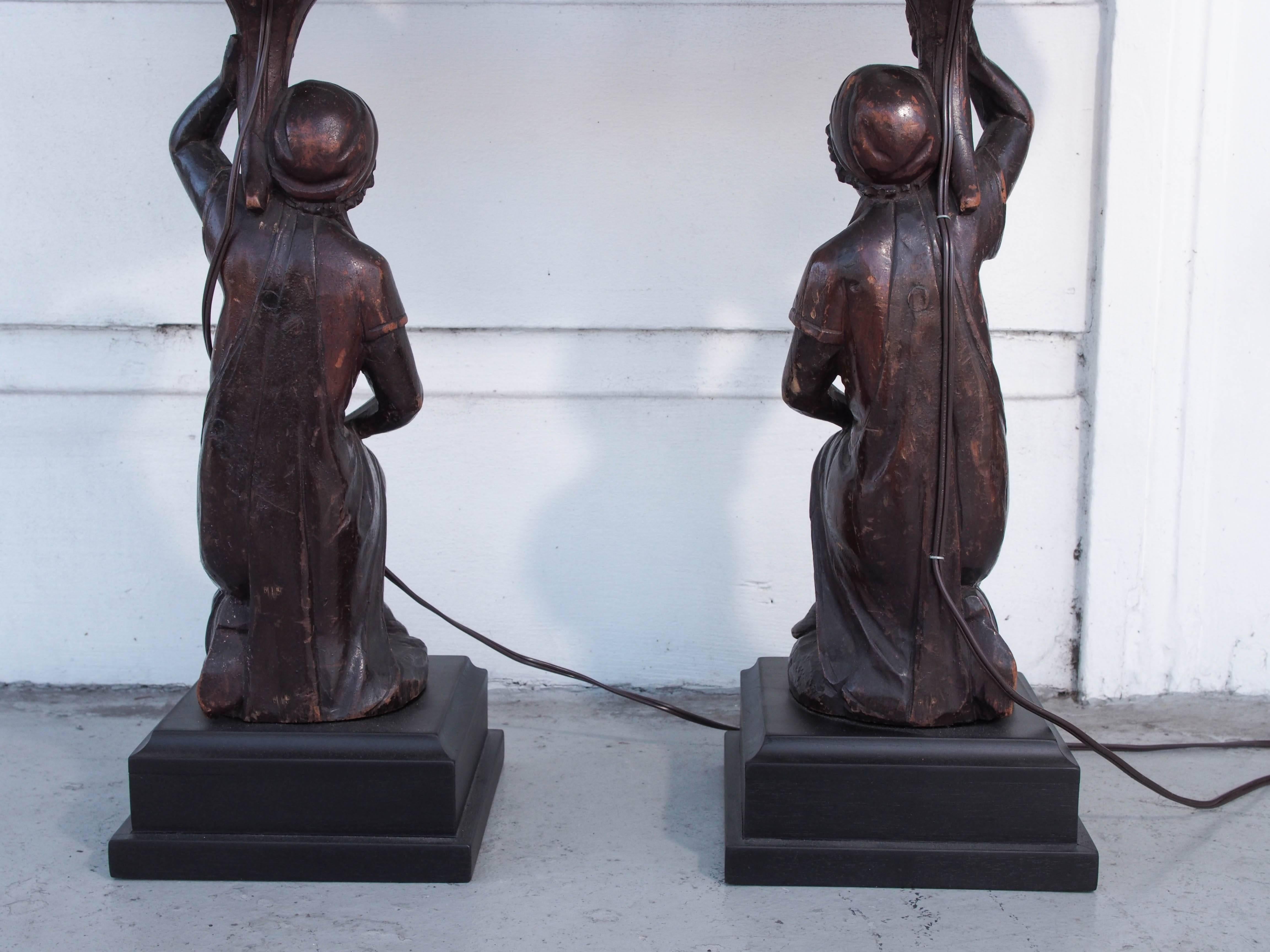 Pair of Italian Walnut Figural Candlesticks Now Wired as Lamps on Later Bases For Sale 3