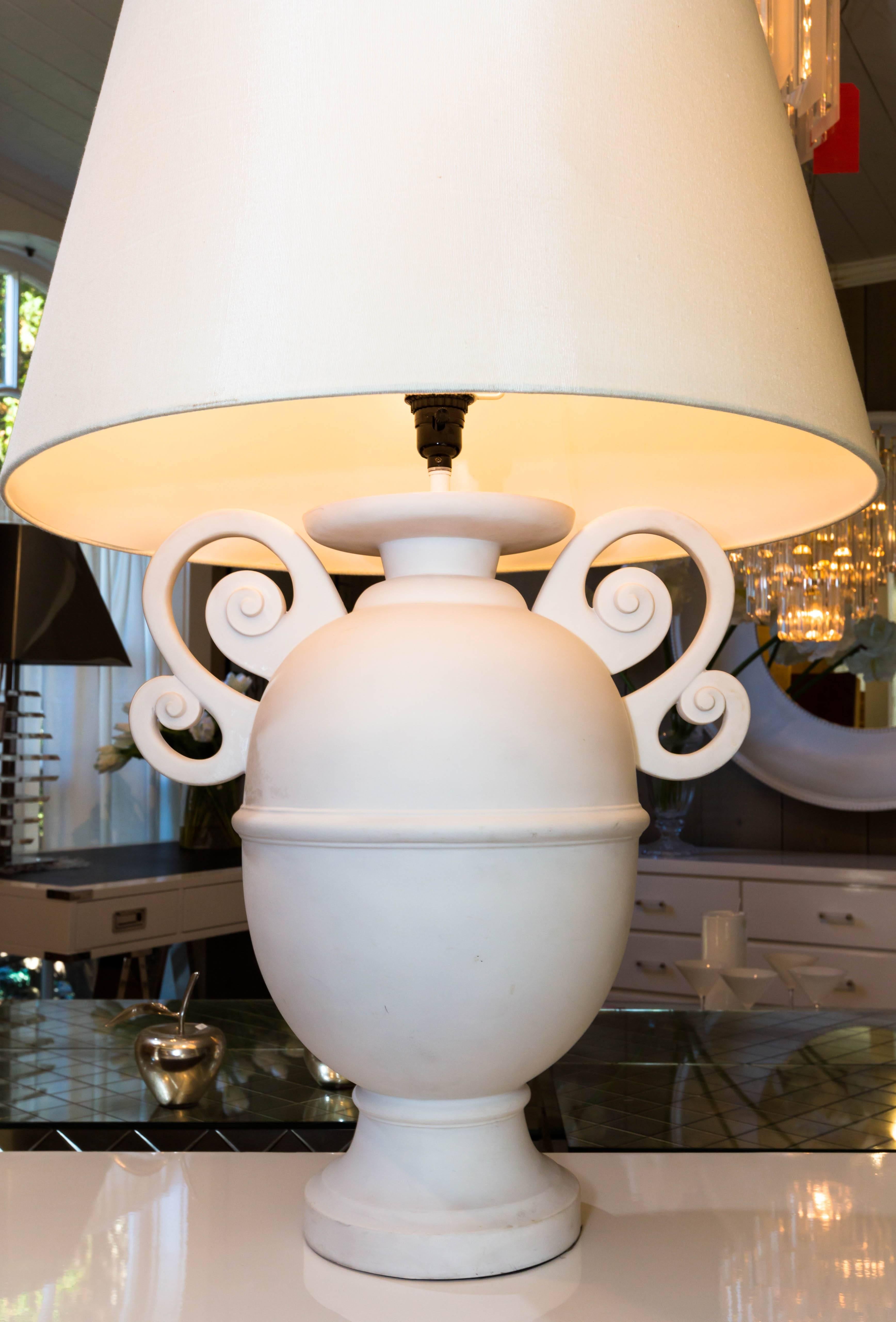 Giocometti style urn-shaped lamp with white matte finish and custom shade.