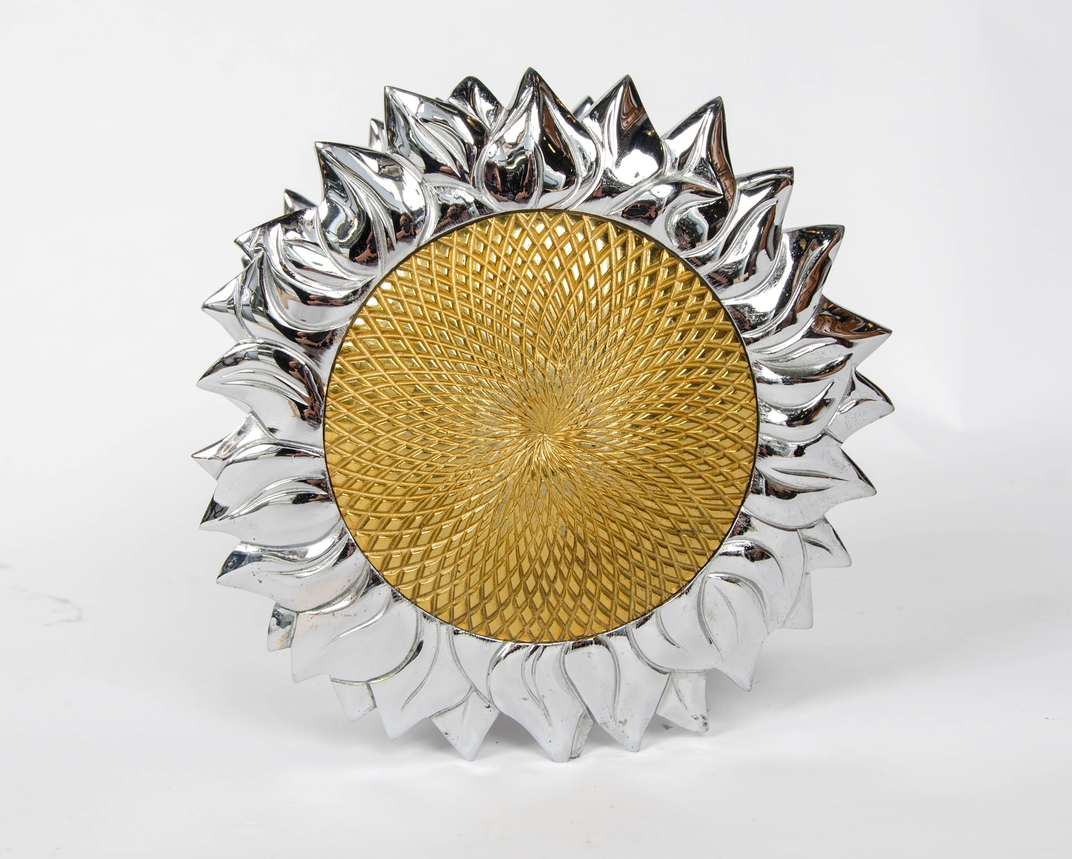 Fabulous quality cast bronze double sided sunflower shaped door handle designed by Chrystiane Charles - silvered and ormolu finish, beautiful crisp casting, circa 1970, France.

Provenance: The estate of Chrystiane Charles, possibly made for her