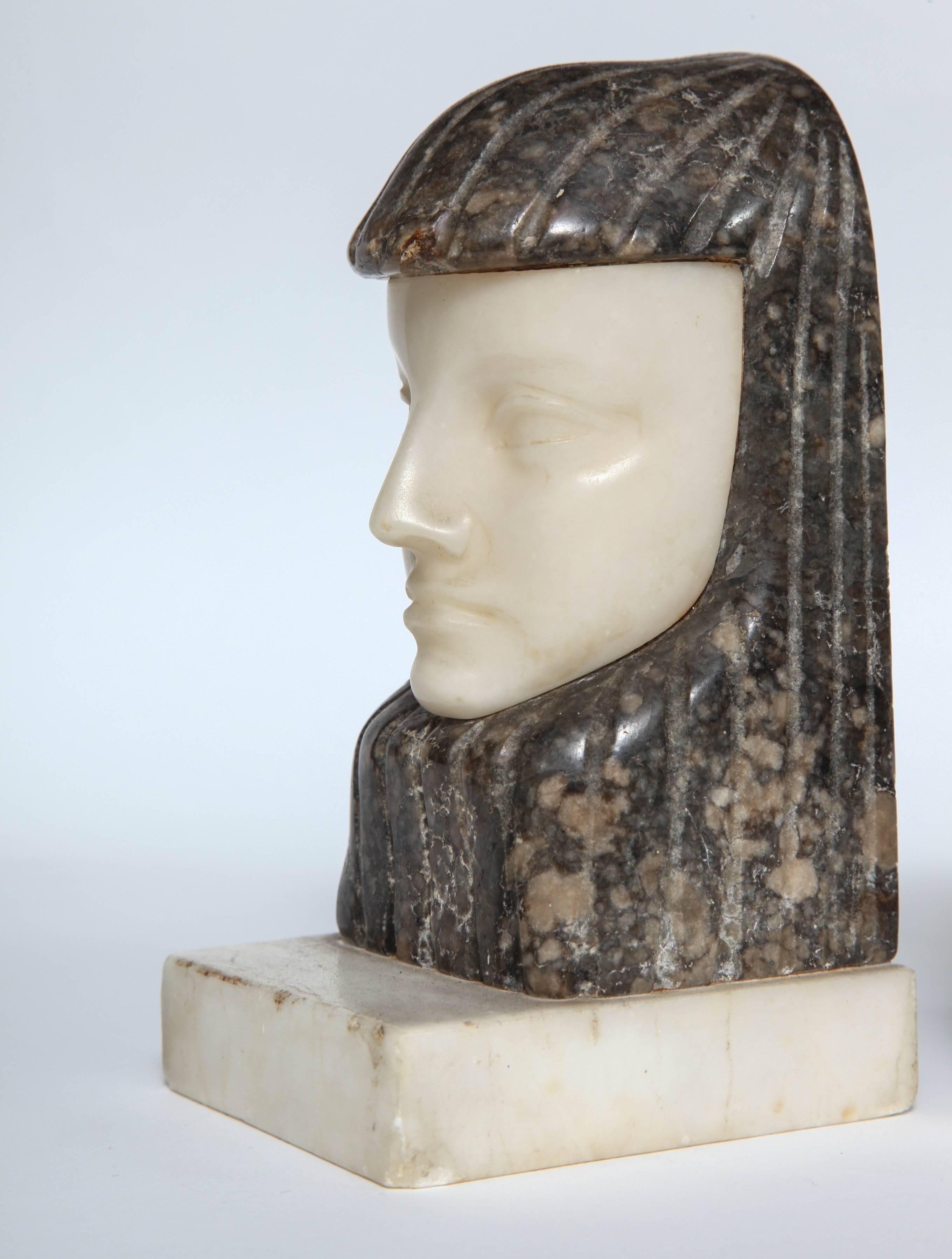 French Art Deco Egyptian Revival Marble and Alabaster Bookends