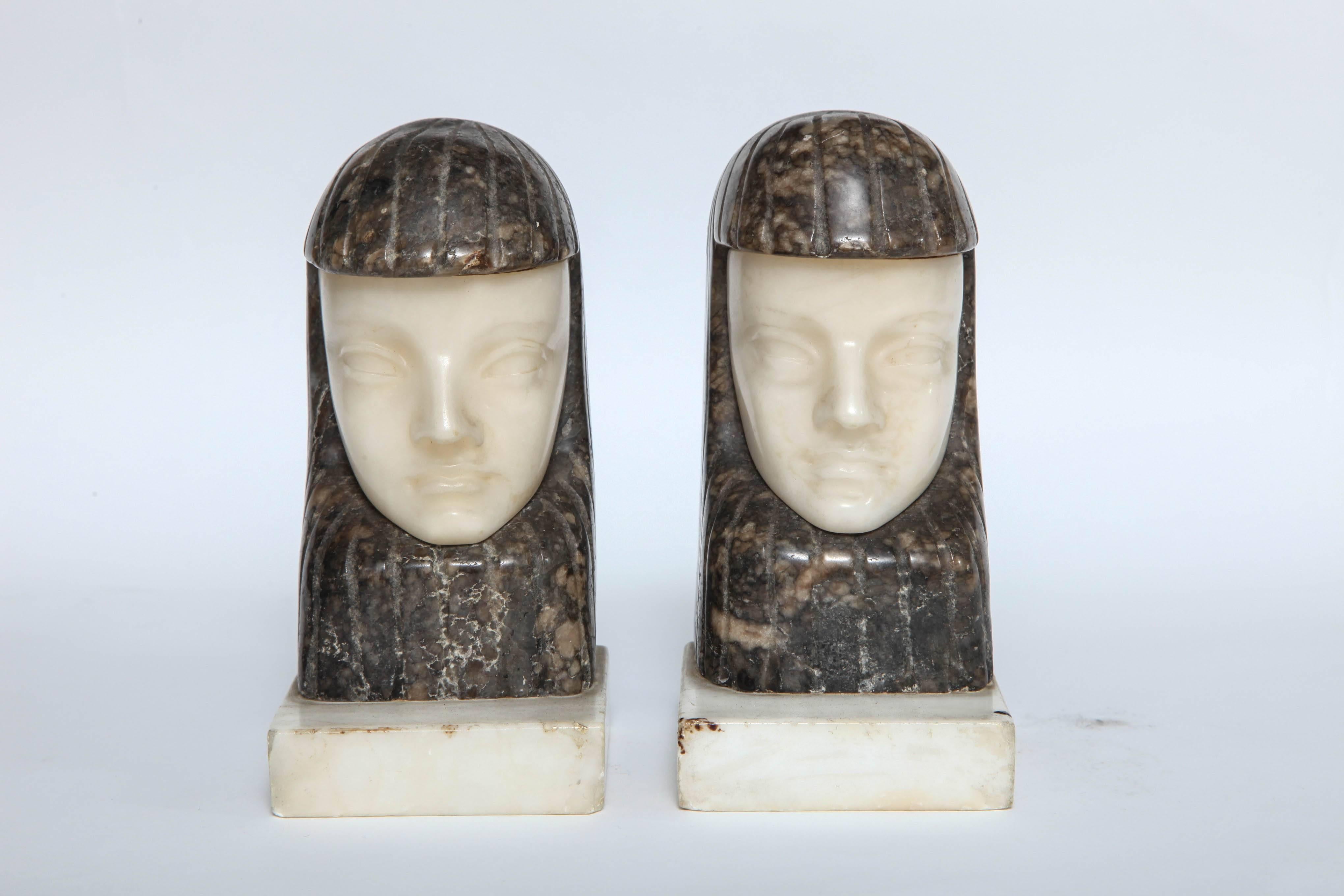 Mid-20th Century Art Deco Egyptian Revival Marble and Alabaster Bookends