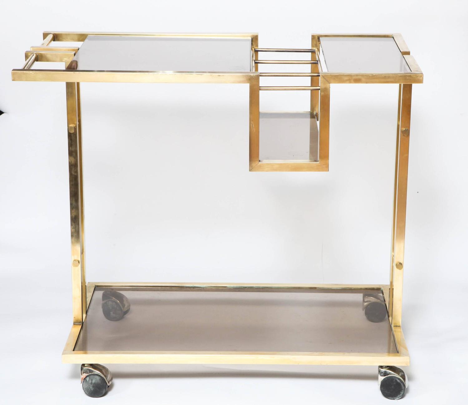 Vintage Italian Brass Bar Cart with Bottle Insert and Smoked Glass