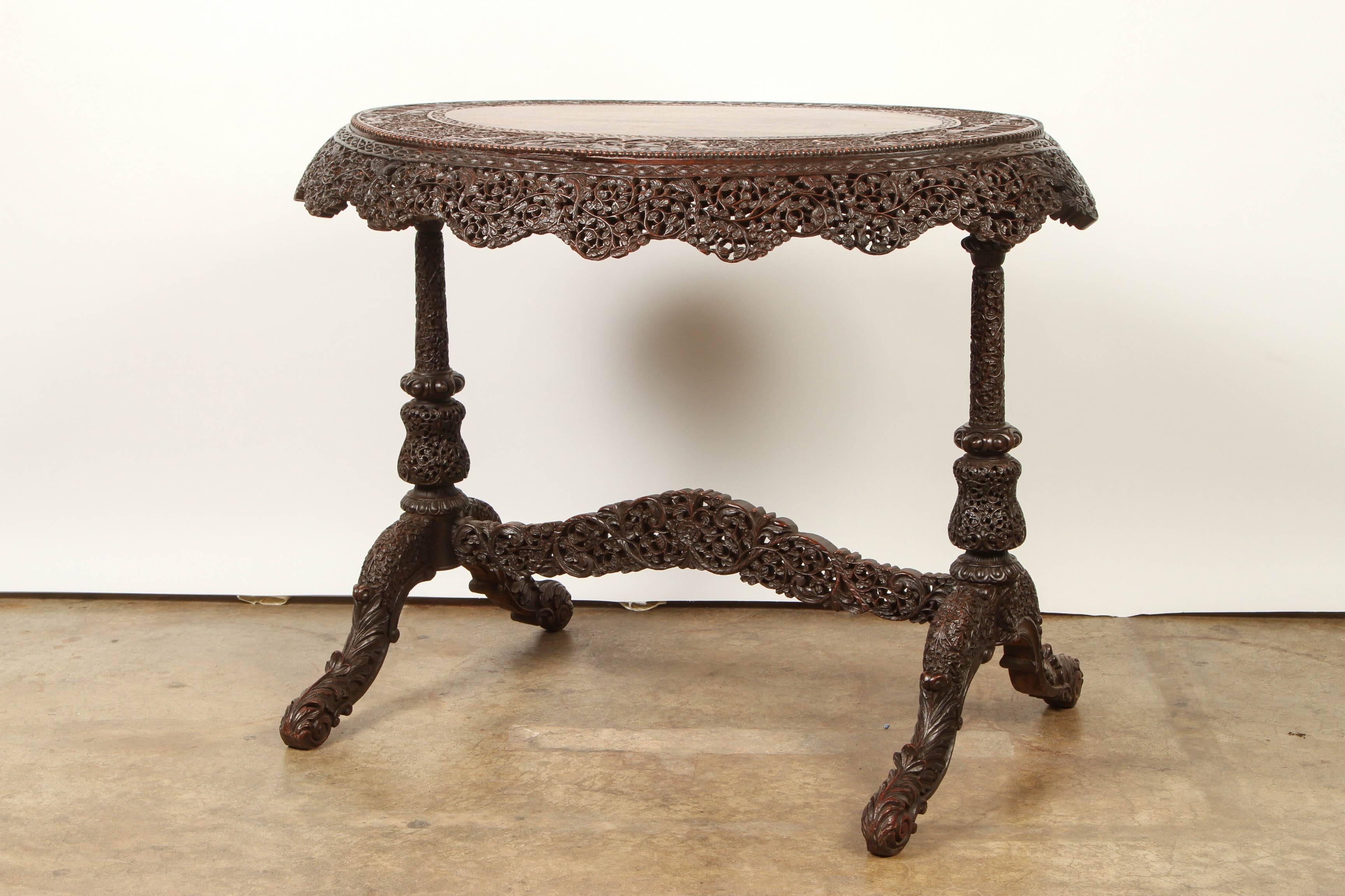 Anglo-Indian Anglo Indian Finely Carved Rosewood Side Table