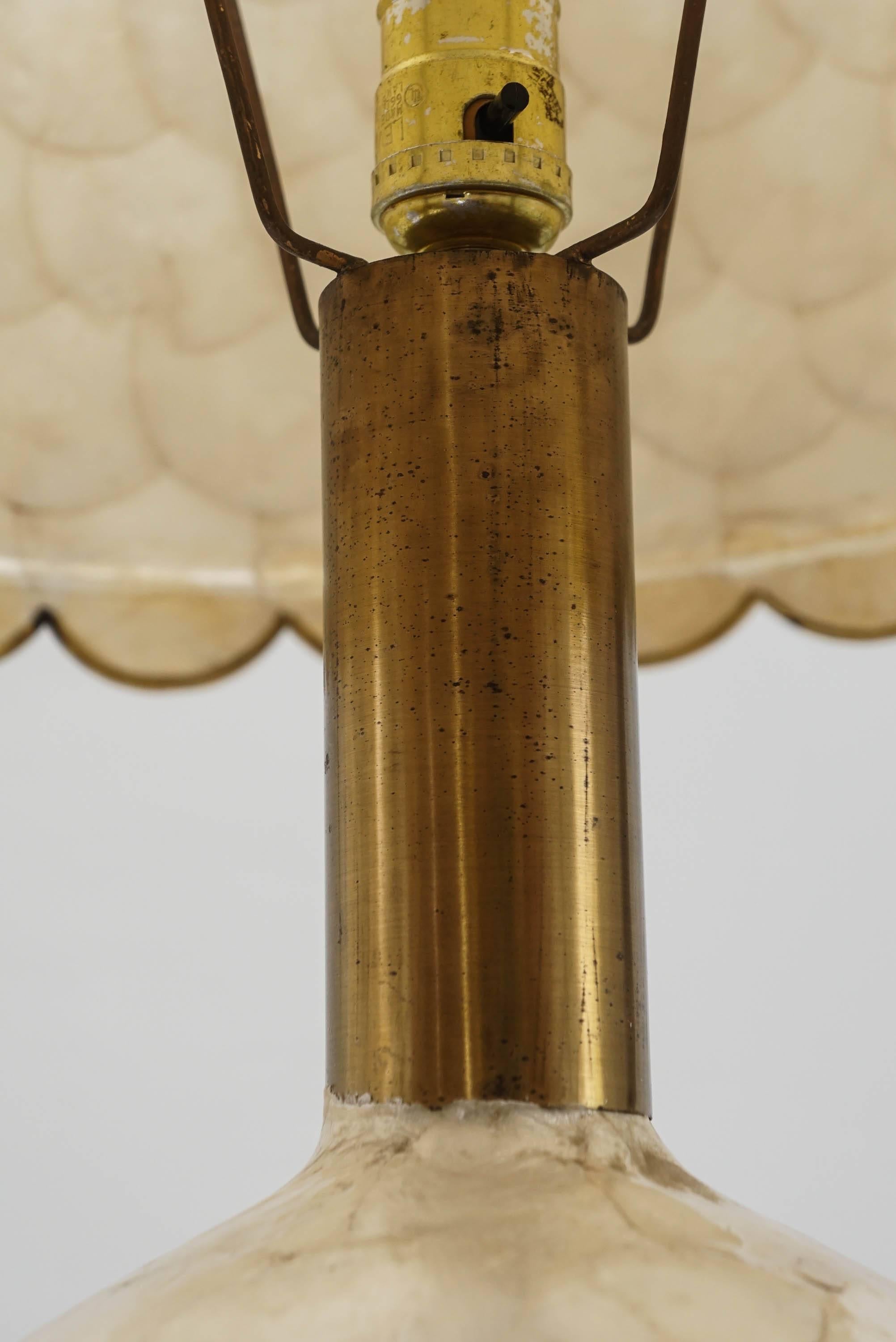 Mid-Century Modern Glam Capiz Shell Table Lamp with Brass Detail, 1970s For Sale