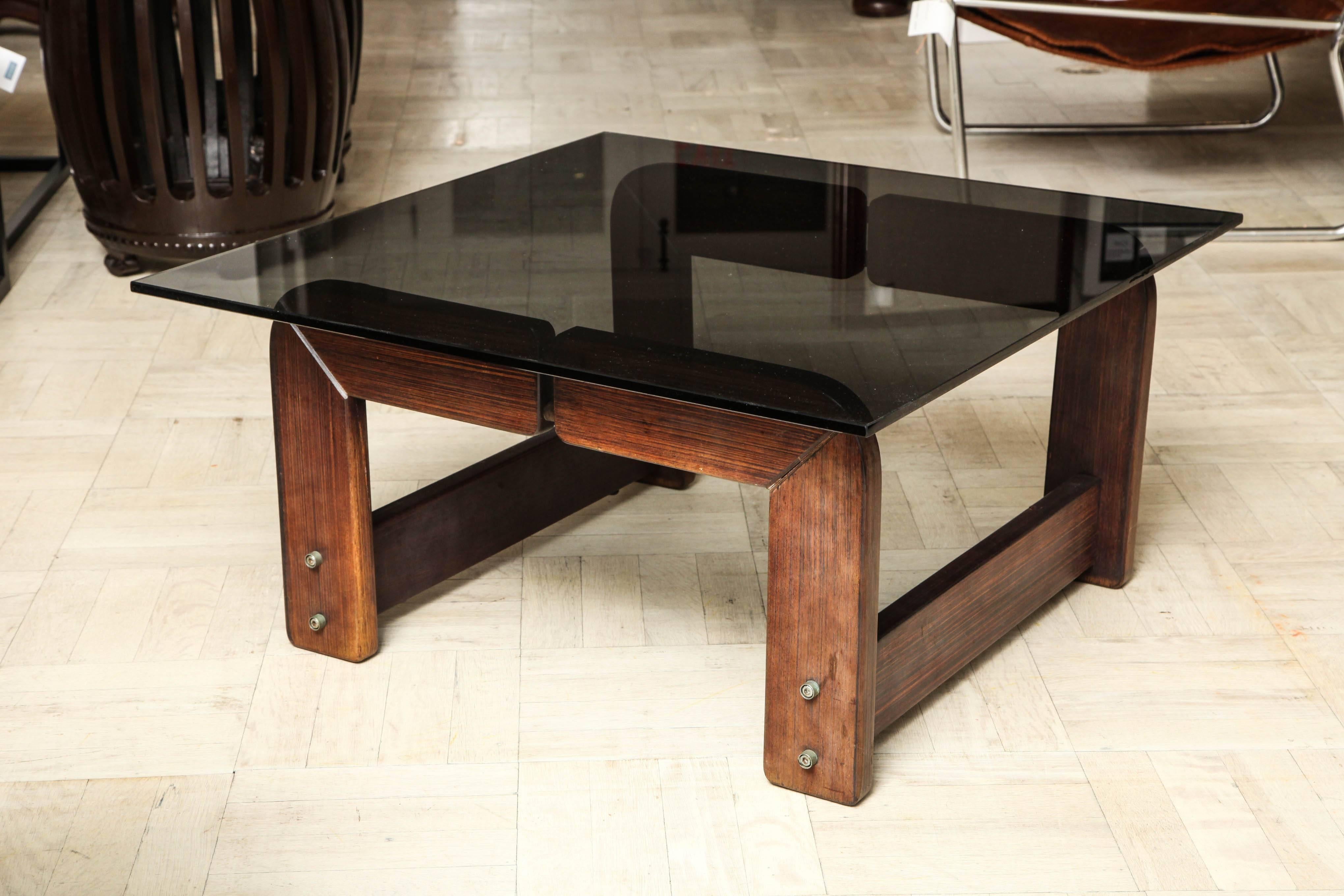 Pair of 20th century exotic wood and smoked glass tables.
