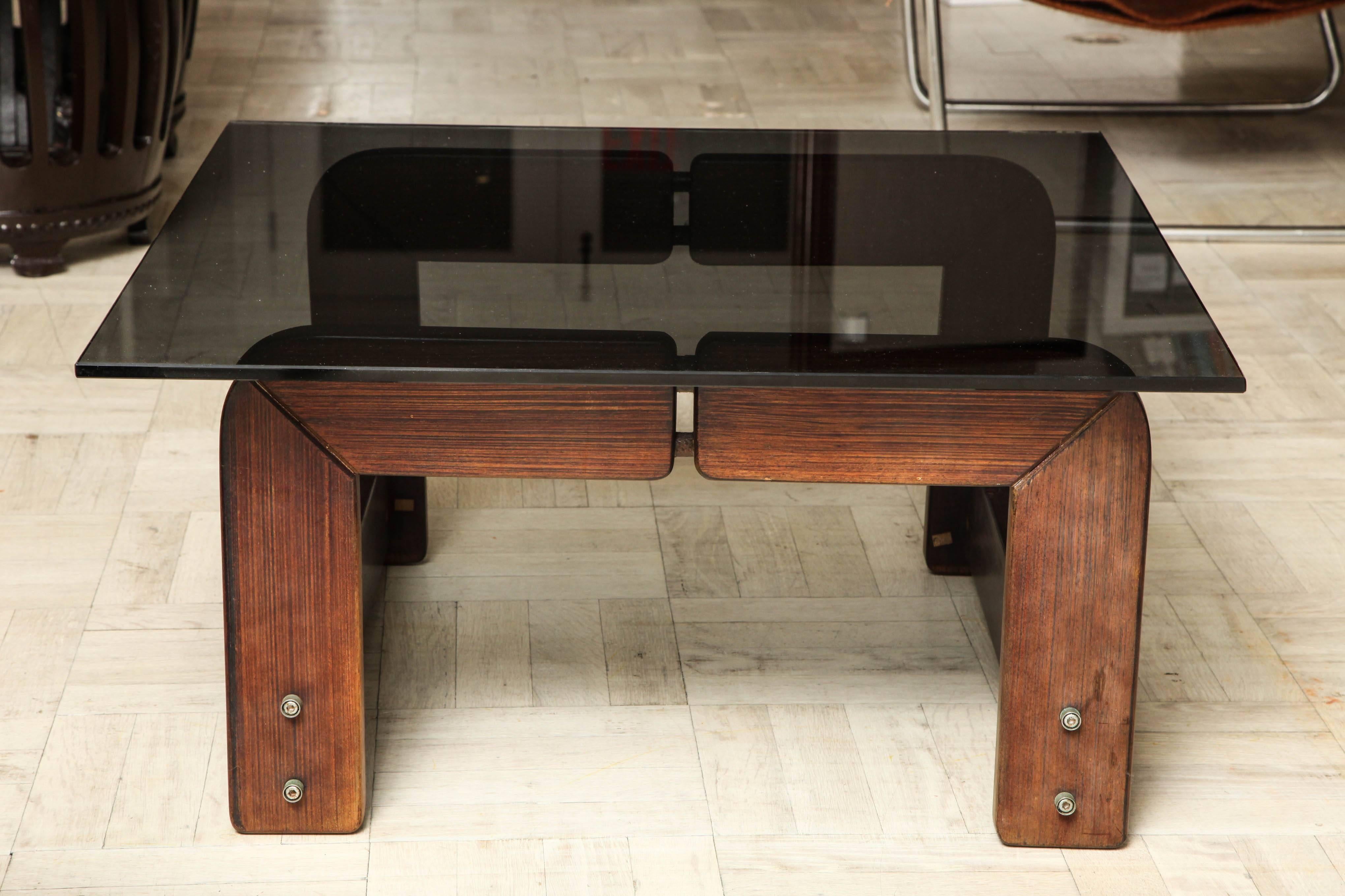 Brazilian Pair of 20th Century Exotic Wood and Smoked Glass Tables