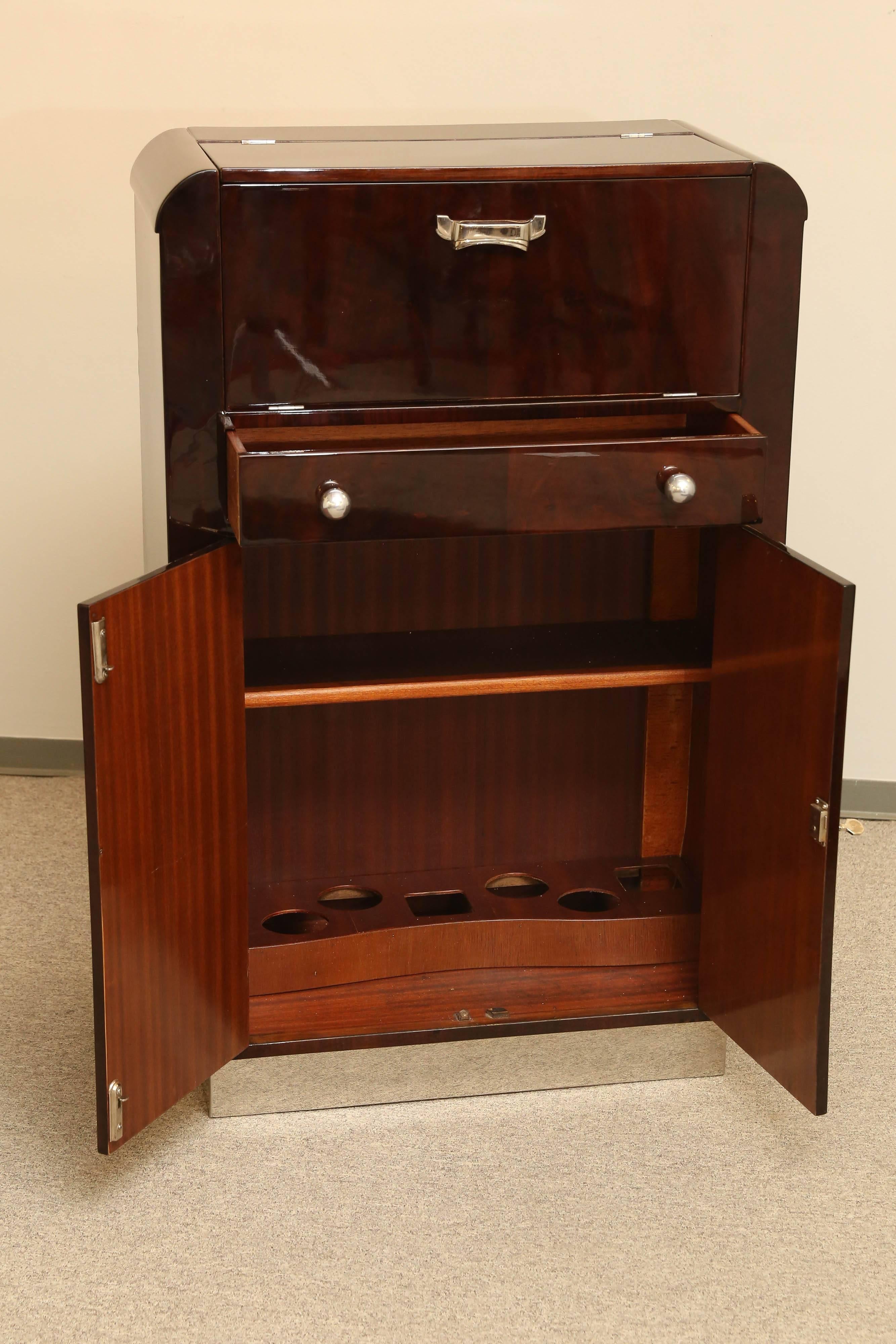 Chrome Art Deco English Freestanding Mahogany Bar, 1930s