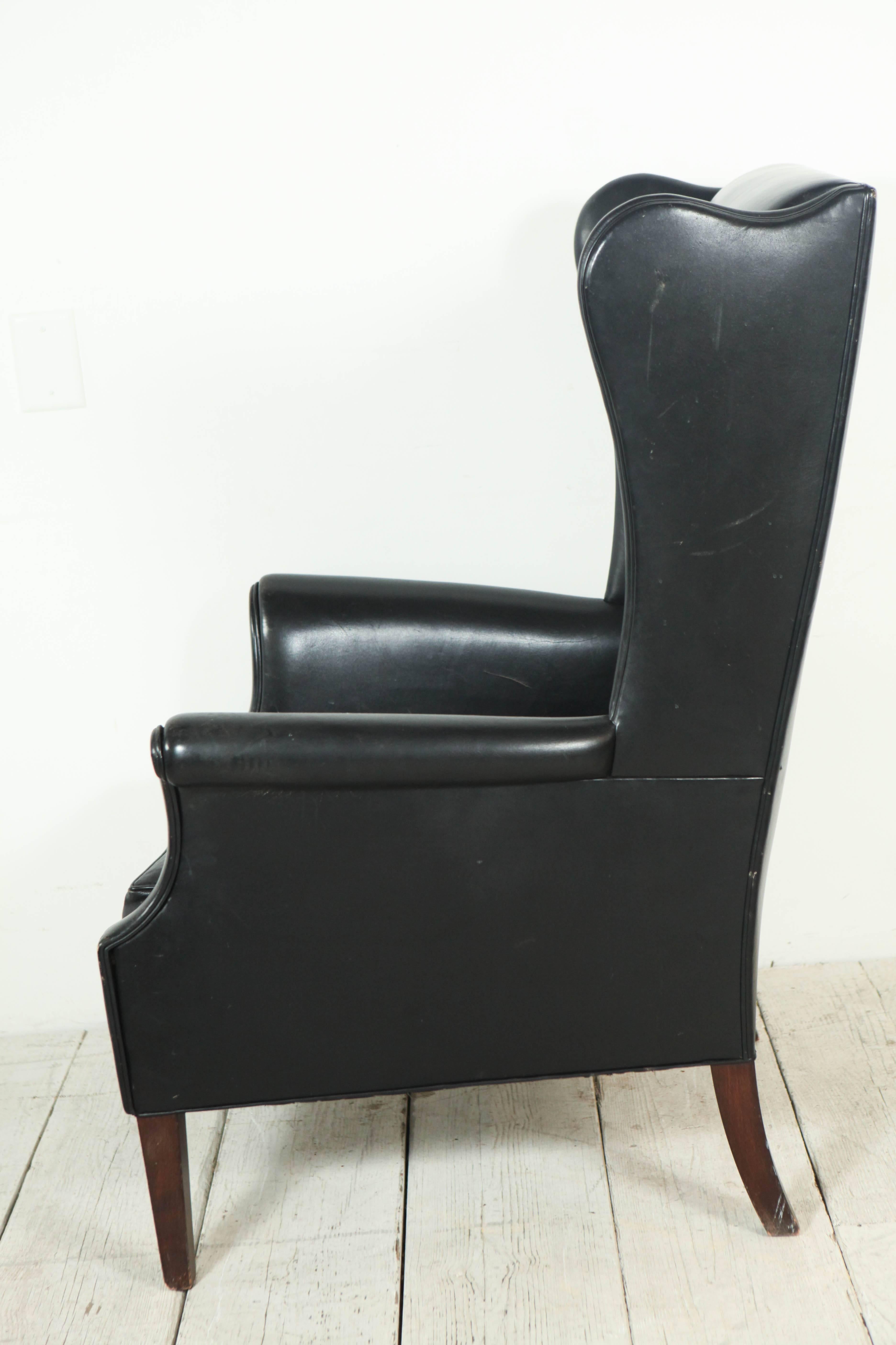 Italian Black Leather High Wingback Chair In Good Condition In Los Angeles, CA
