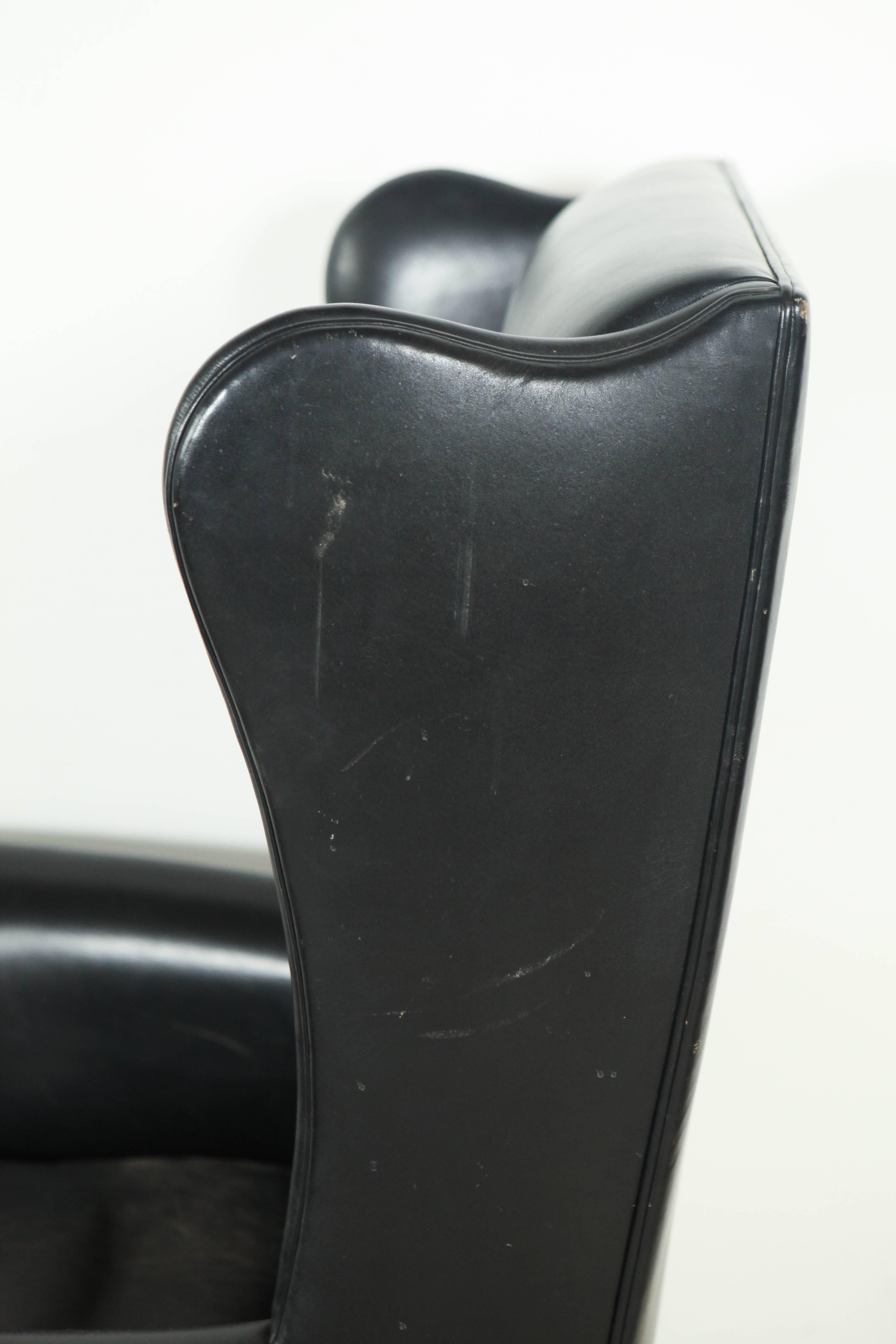 Mid-20th Century Italian Black Leather High Wingback Chair