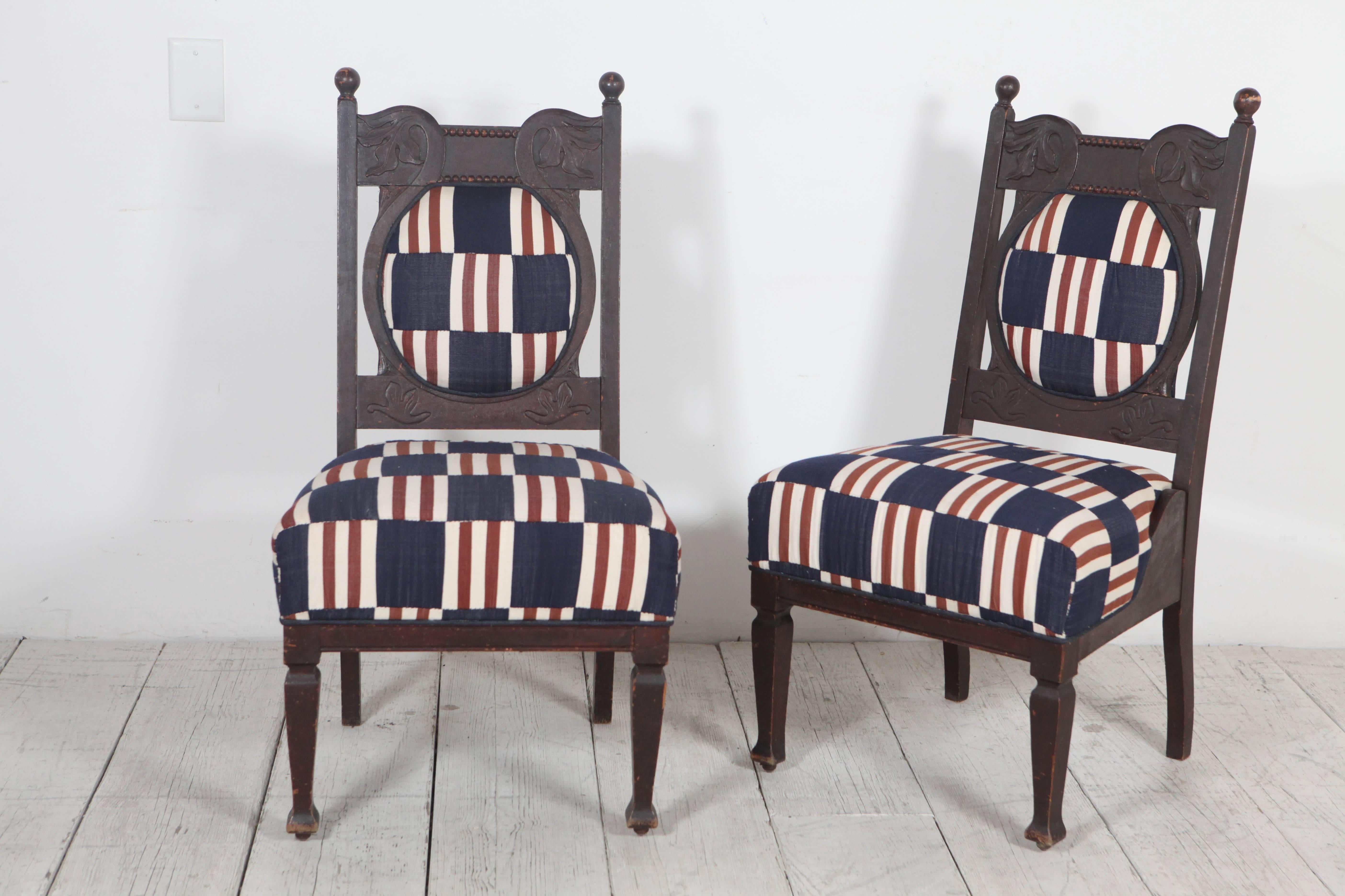 Striking silhouettes with bold graphic patterns and colors on Edwardian style chairs. Sold Individually.
