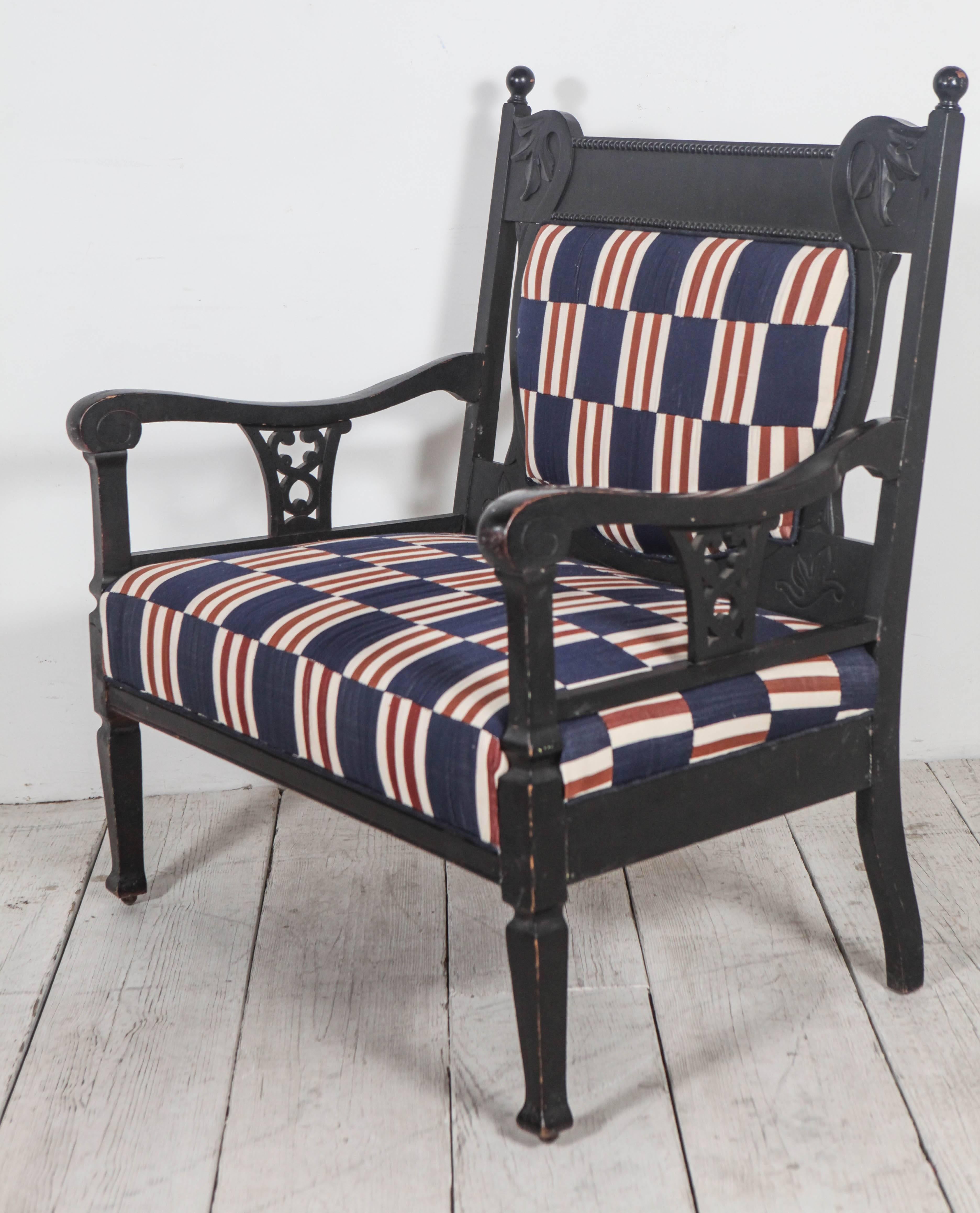 Late 20th Century Edwardian Salon Small Settee Upholstered in Vintage African Fabric