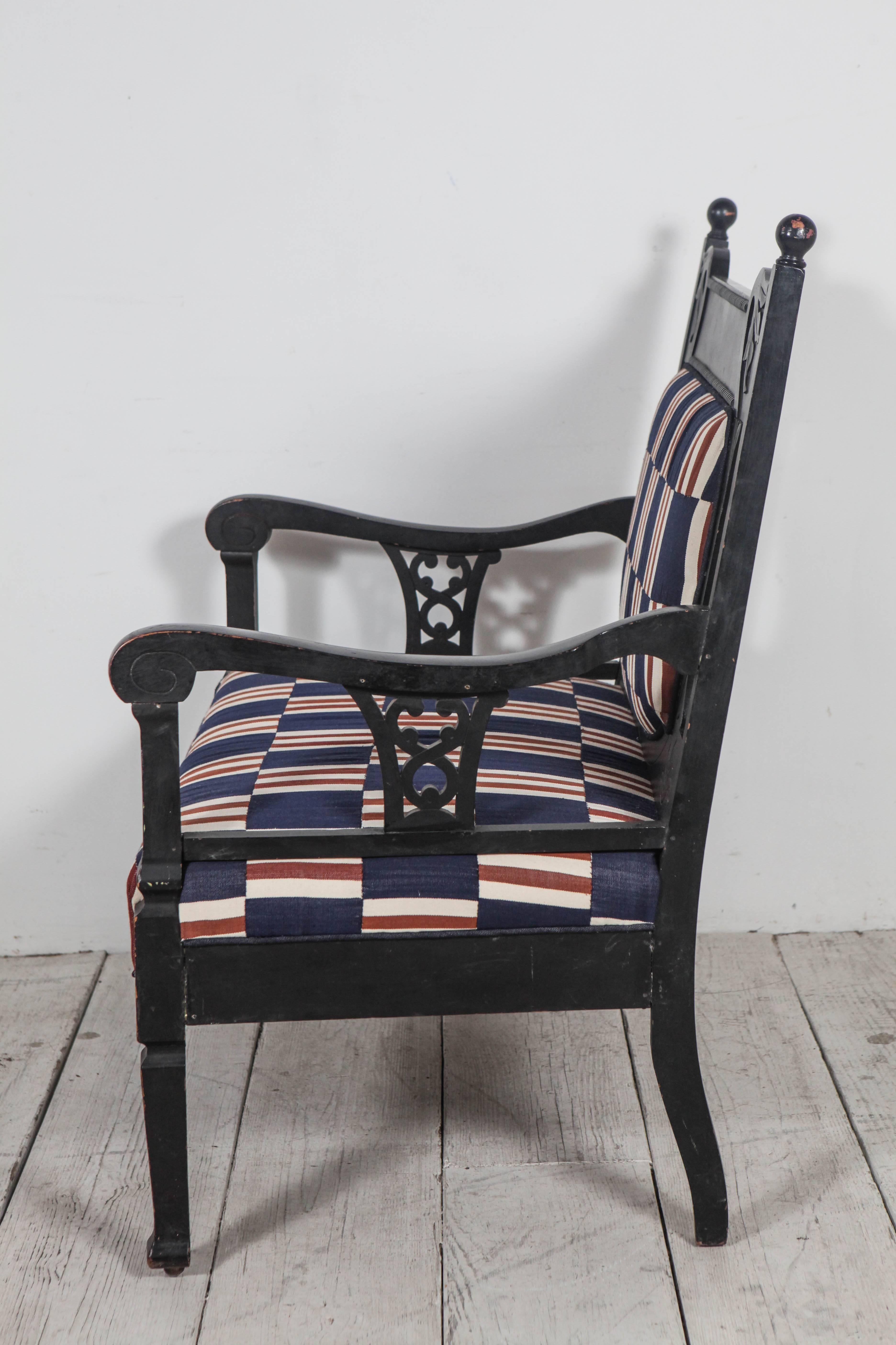 Edwardian Salon Small Settee Upholstered in Vintage African Fabric 1