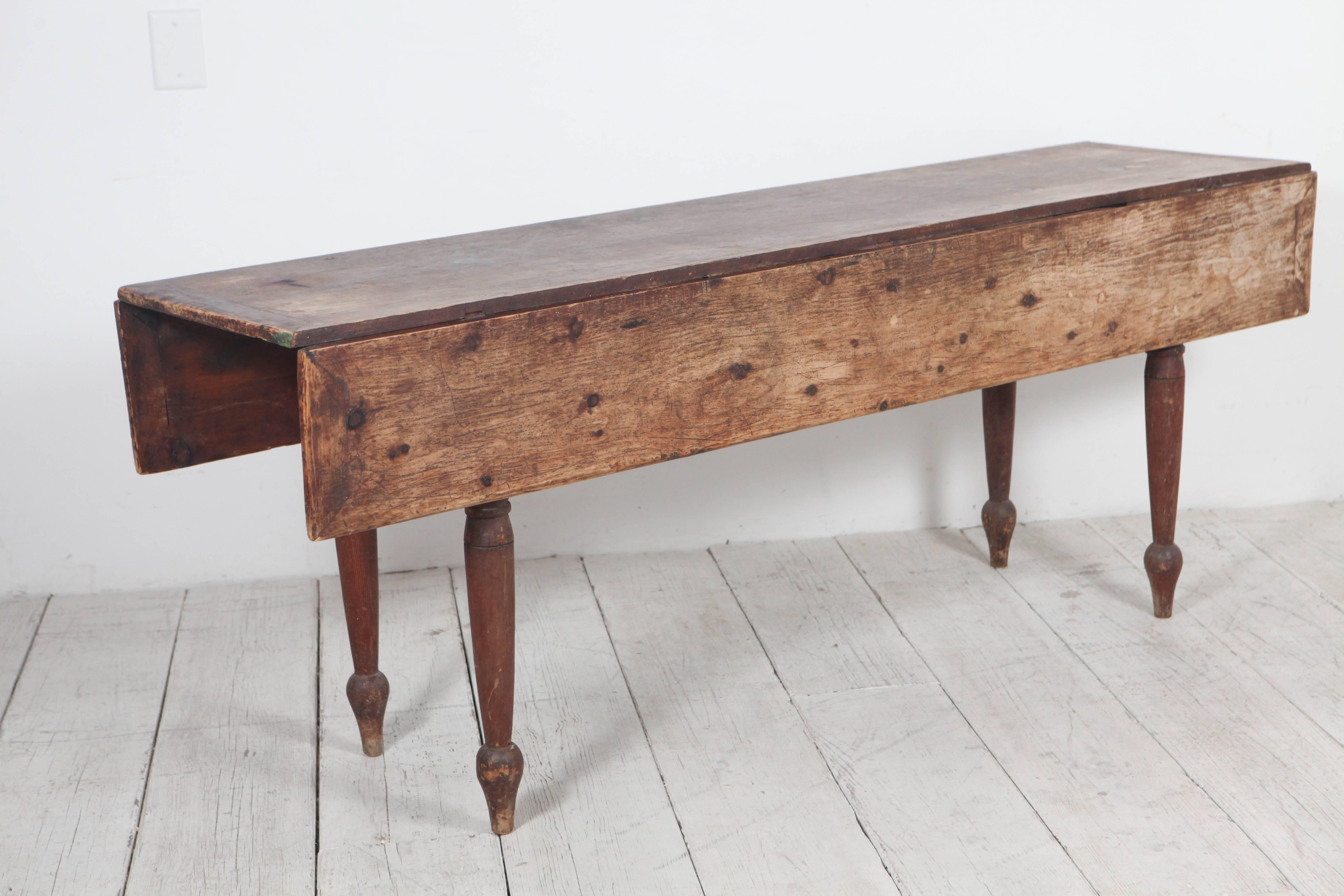 Mid-20th Century Rustic Drop-Leaf Wooden Table with Turned Legs