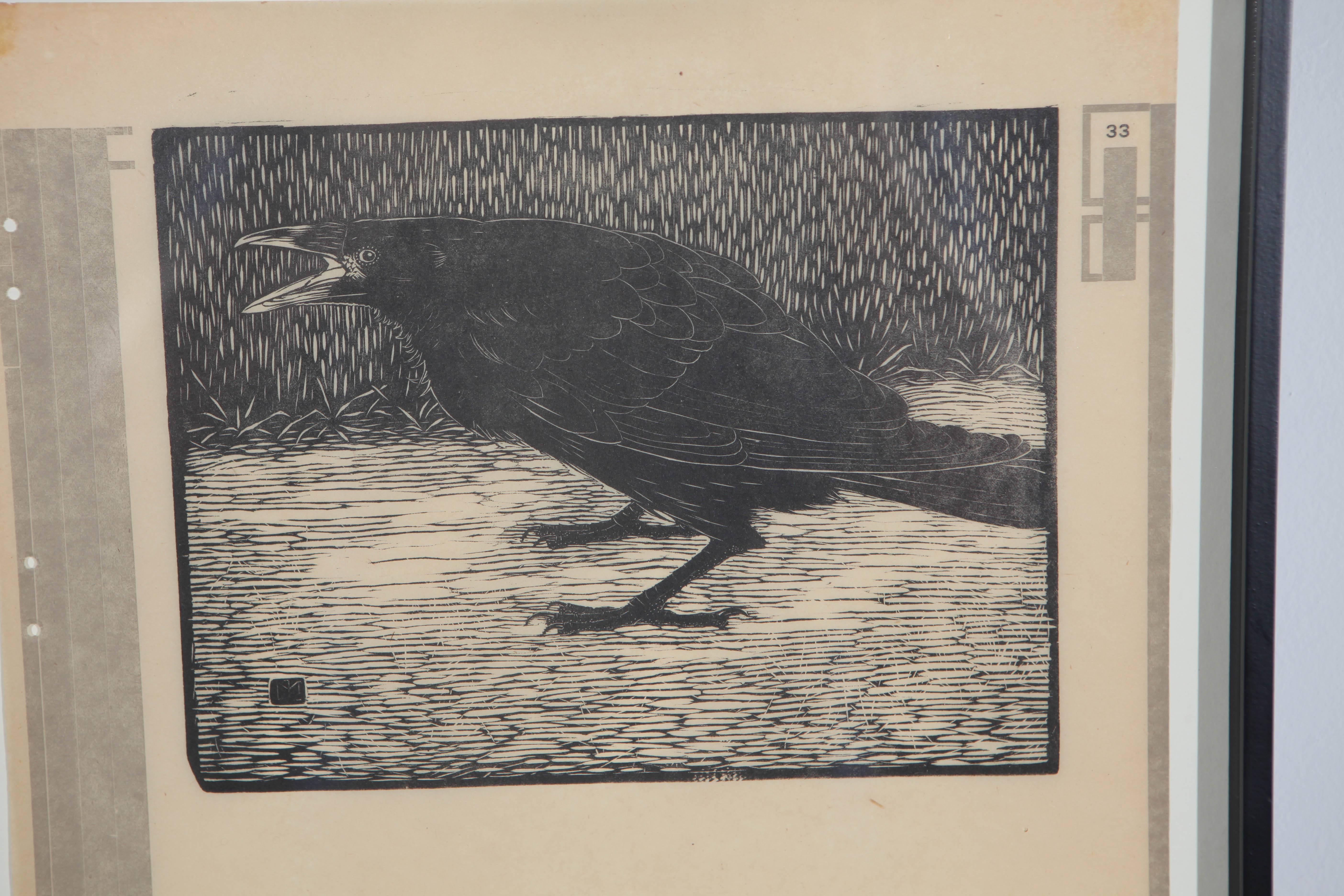 Black and white woodblock print of screeching crow on notebook paper by Dutch artist Jan Mankes. Framed in black silhouette frame.