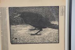 Vintage Woodblock Screeching Crow Print Signed by Jan Mankes