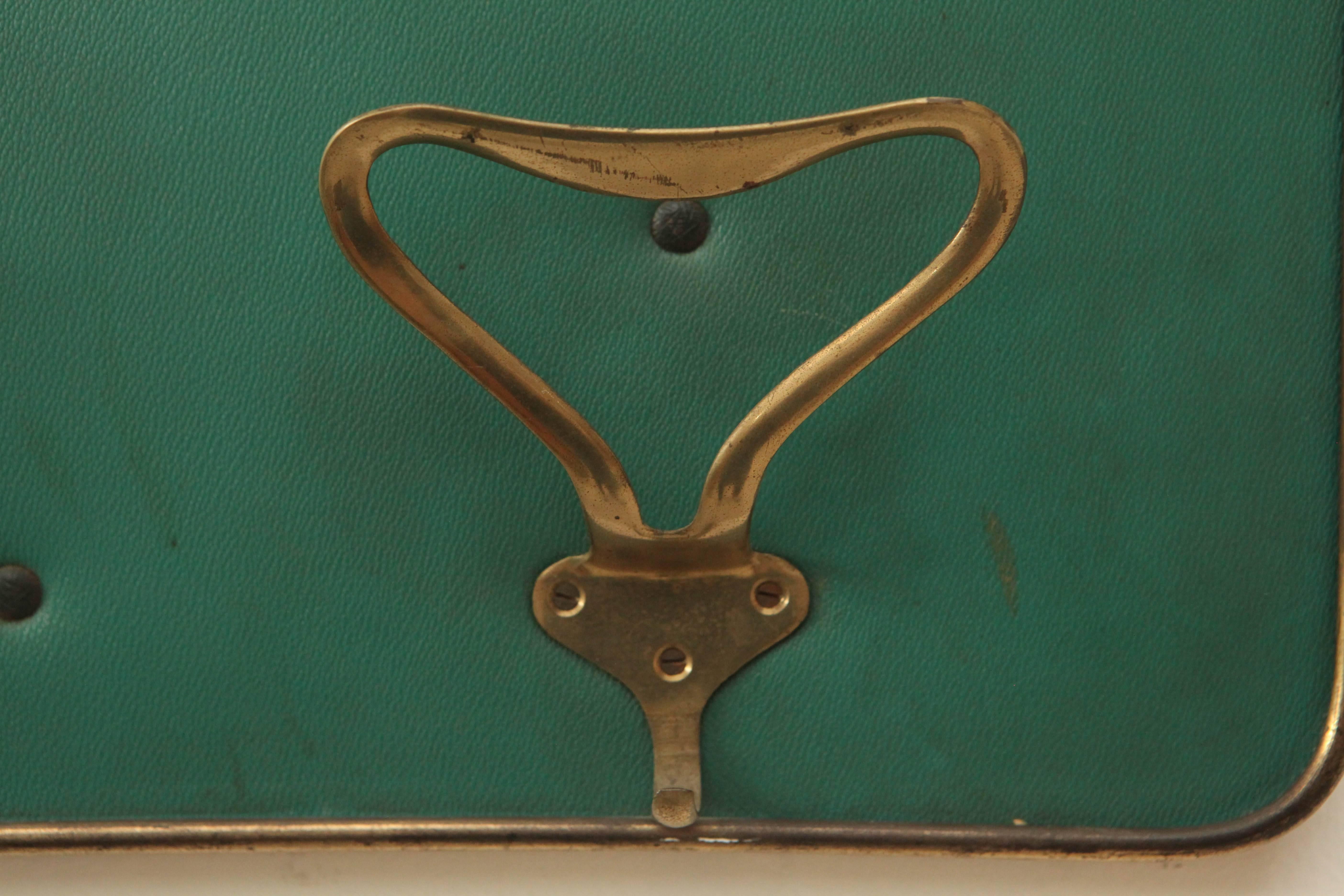 Vintage Italian Wall Mount Green Vinyl Coat Rack with Brass Hooks In Good Condition In Los Angeles, CA