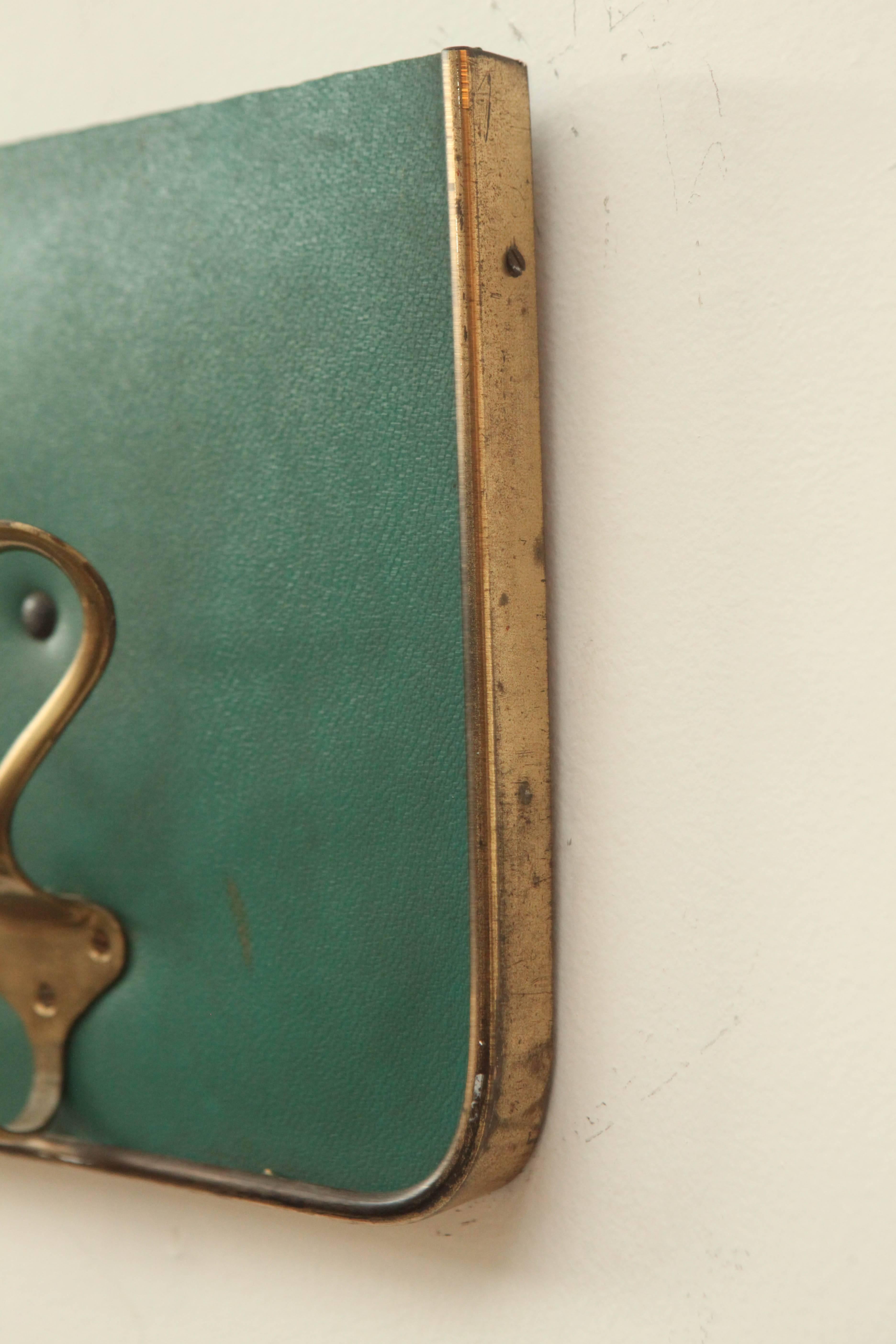 Mid-20th Century Vintage Italian Wall Mount Green Vinyl Coat Rack with Brass Hooks
