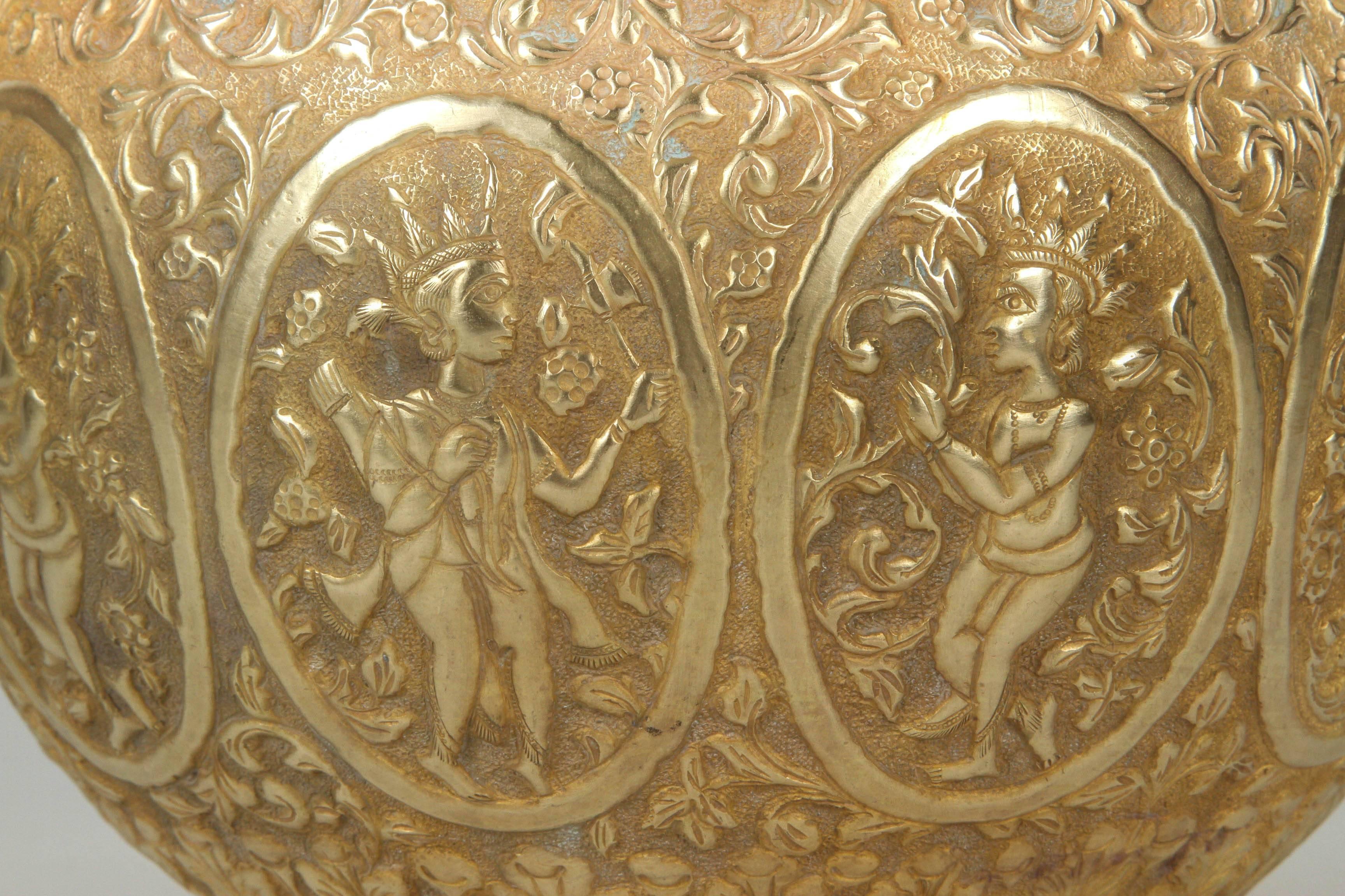 Embossed Polished Indo-Persian Brass Hand-Etched Jardiniere