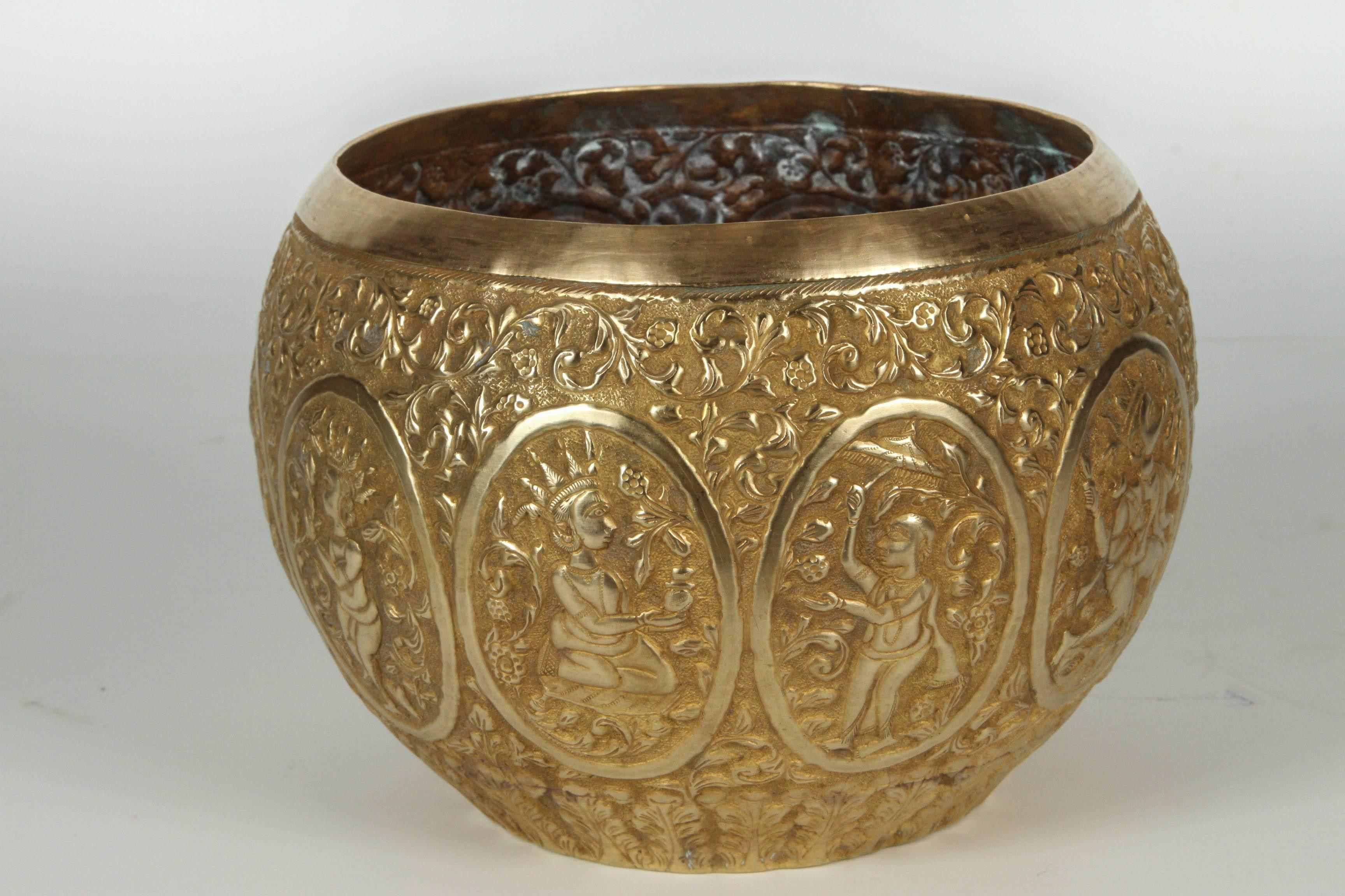 20th Century Polished Indo-Persian Brass Hand-Etched Jardiniere