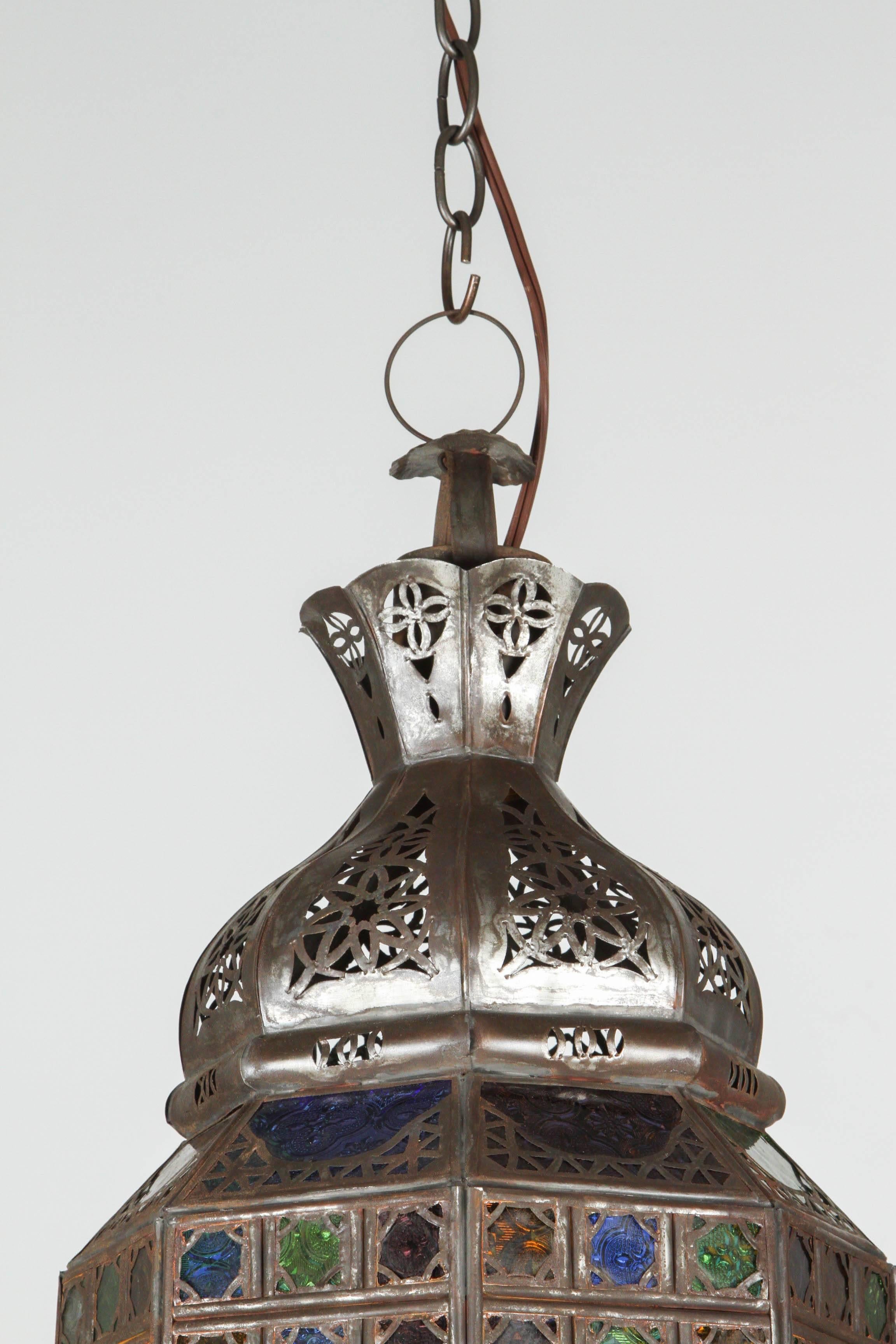 Hammered Moroccan Metal Moorish Lantern with Stained Glass