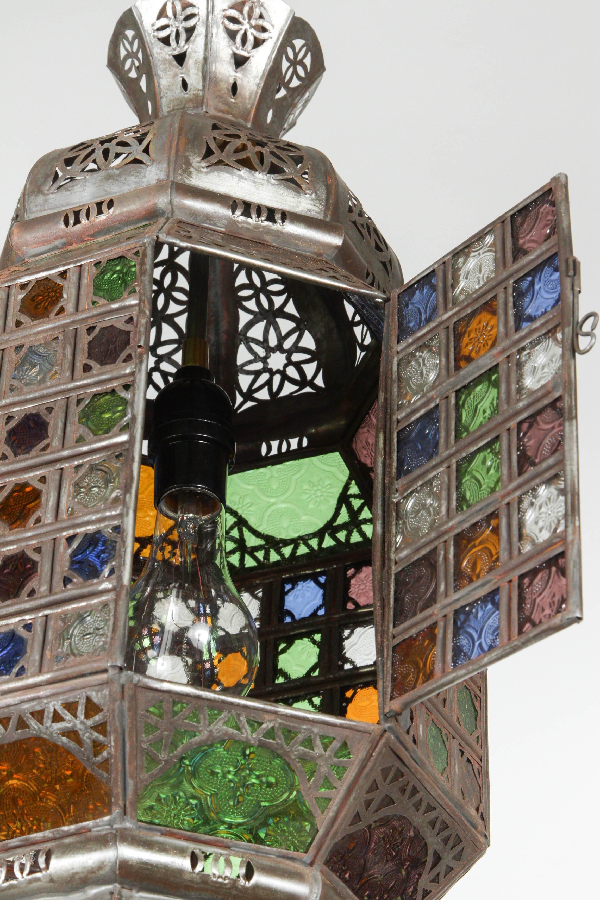 20th Century Moroccan Metal Moorish Lantern with Stained Glass