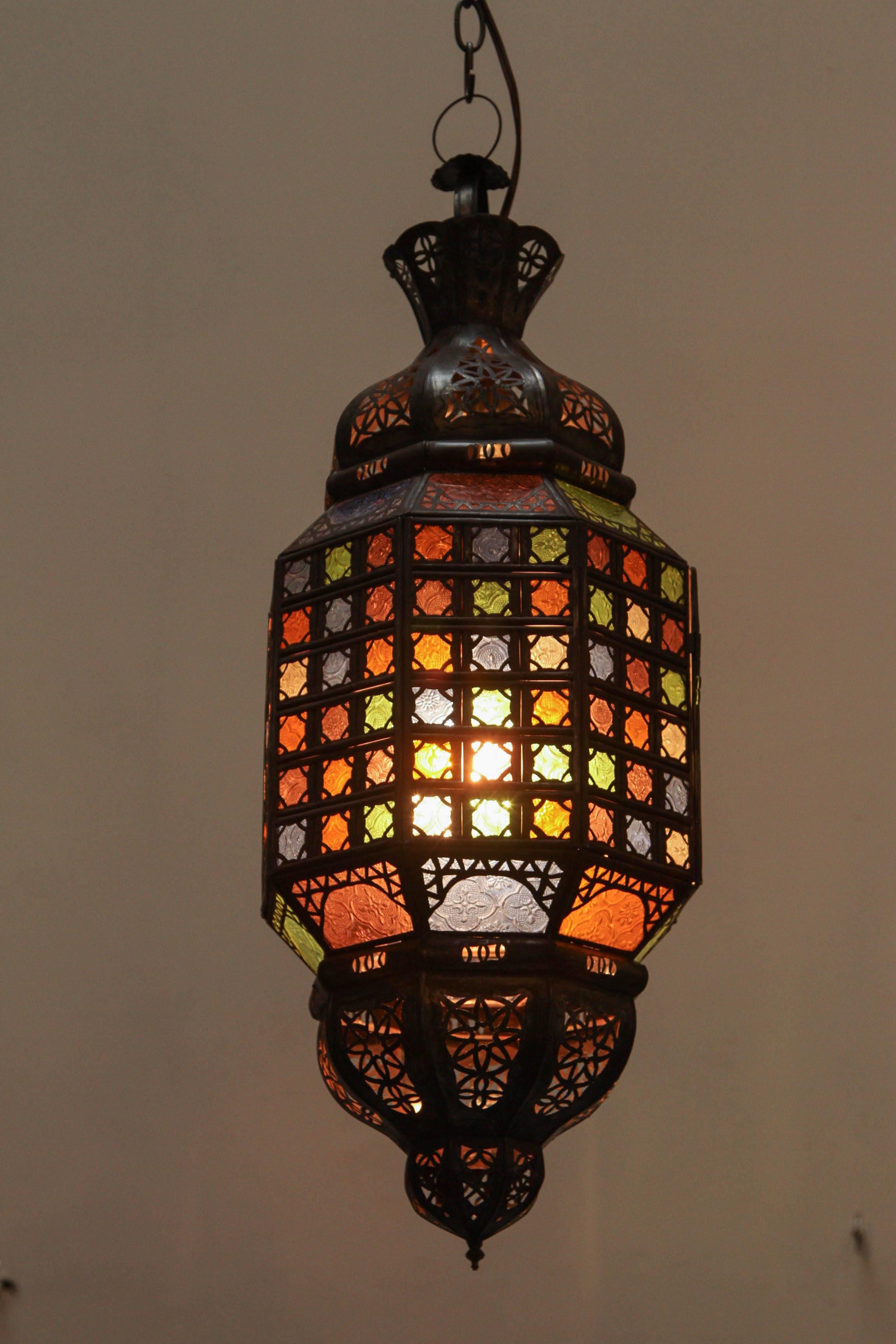 Moroccan Metal Moorish Lantern with Stained Glass 1