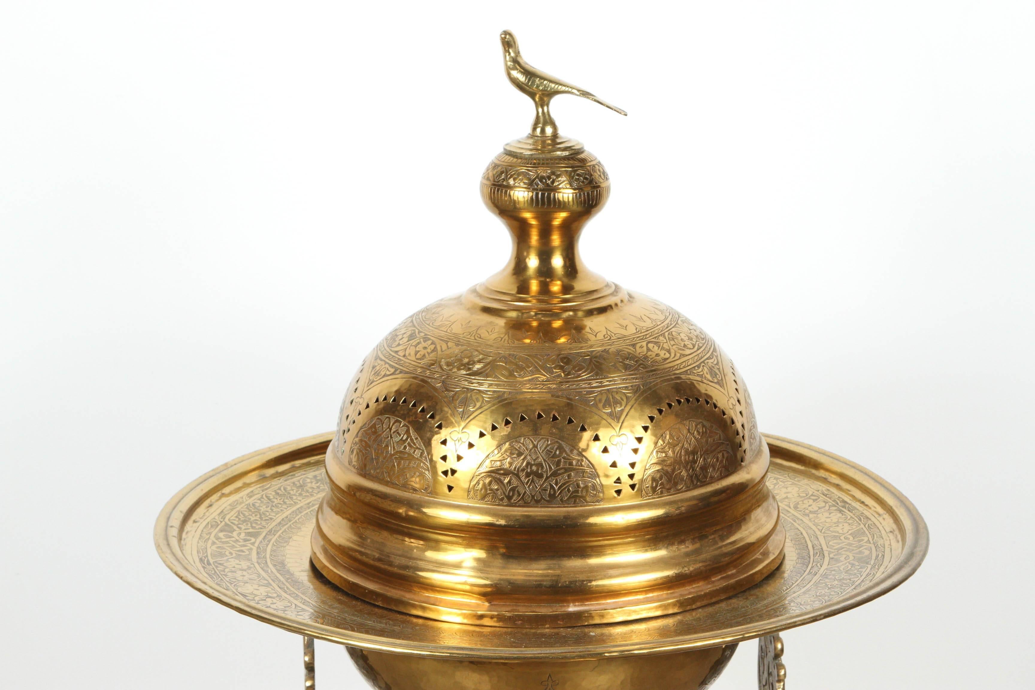 Great large 19th century Middle eastern Moorish Turkish brass brazier, incense burner.
This great unique Museum collector piece, comes in two parts, the dome lid has a bird shaped finial nob at the apex.
The copper bottom bowl was made to hold the