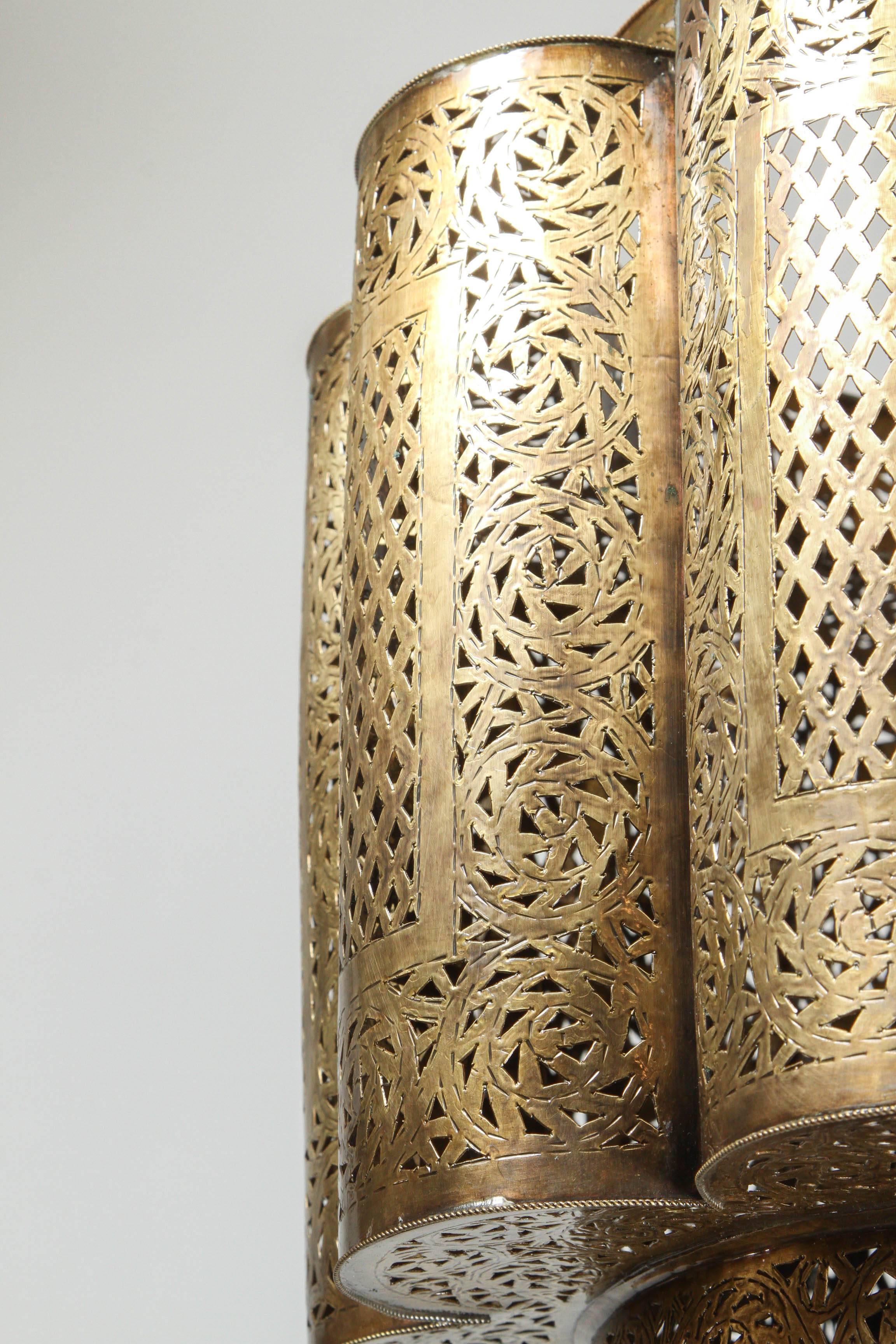 Large Pair of Pierced Brass Moroccan Chandelier in Alberto Pinto Style In Good Condition In North Hollywood, CA