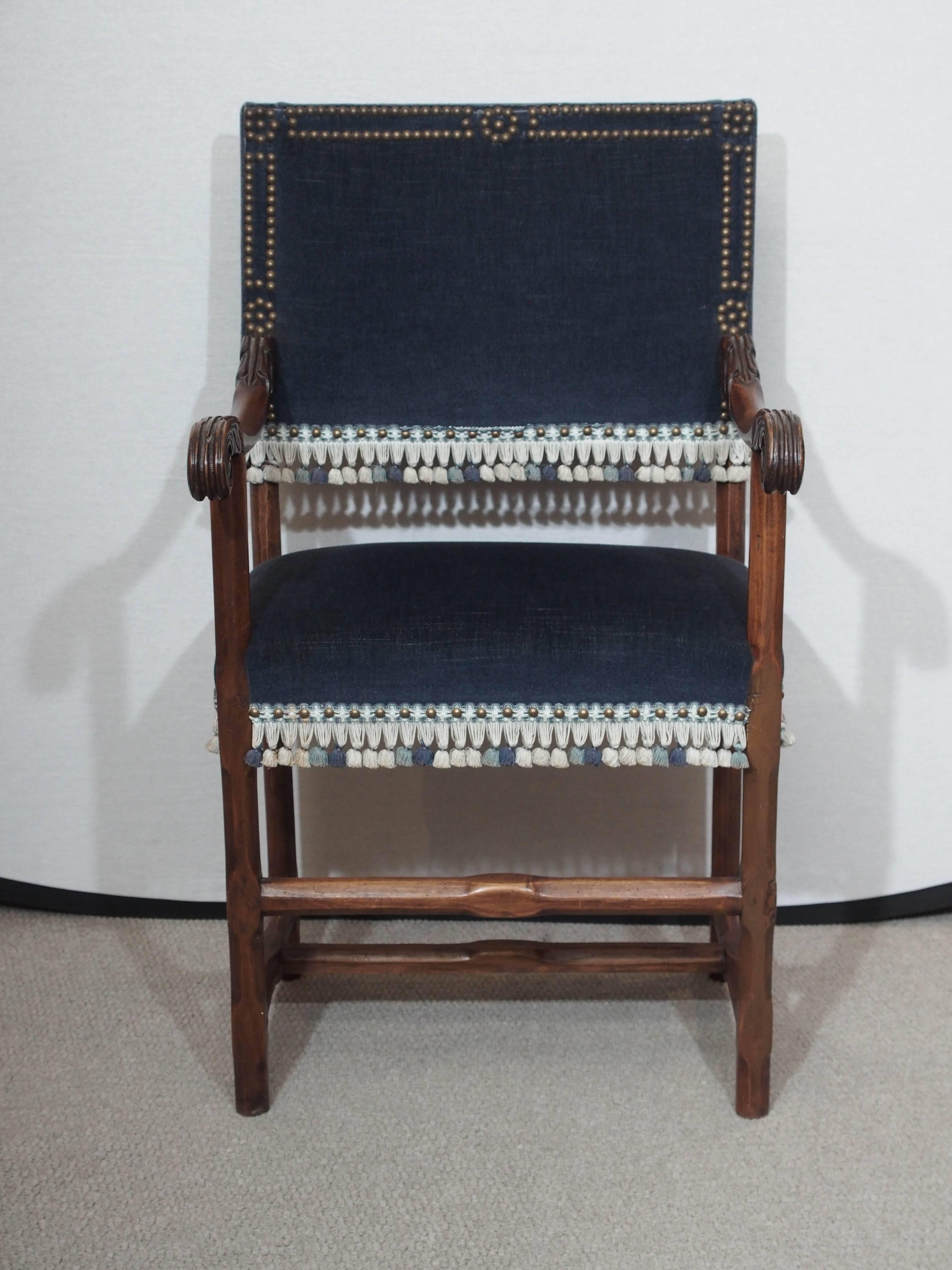 Set of 6  18th century Italian walnut upholstered hall/dining chairs.