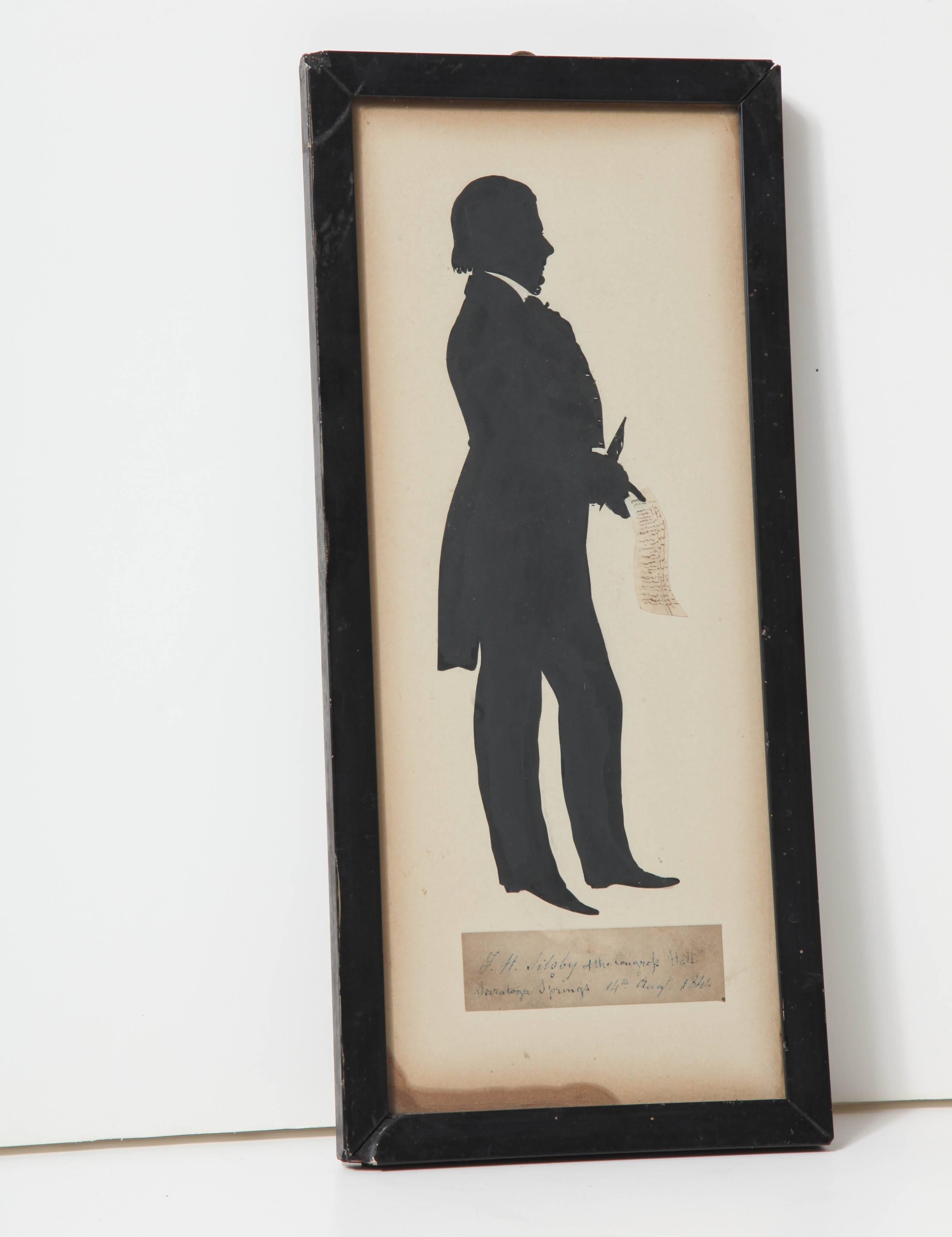 A 19th century American cut-paper silhouette of J.H. Silsby
signed and dated Saratoga Springs, August 14th, 1841
with an authenticating paper label from Arthur S. Vernay on the reverse
in a black frame, double-sided glass to show Edouart