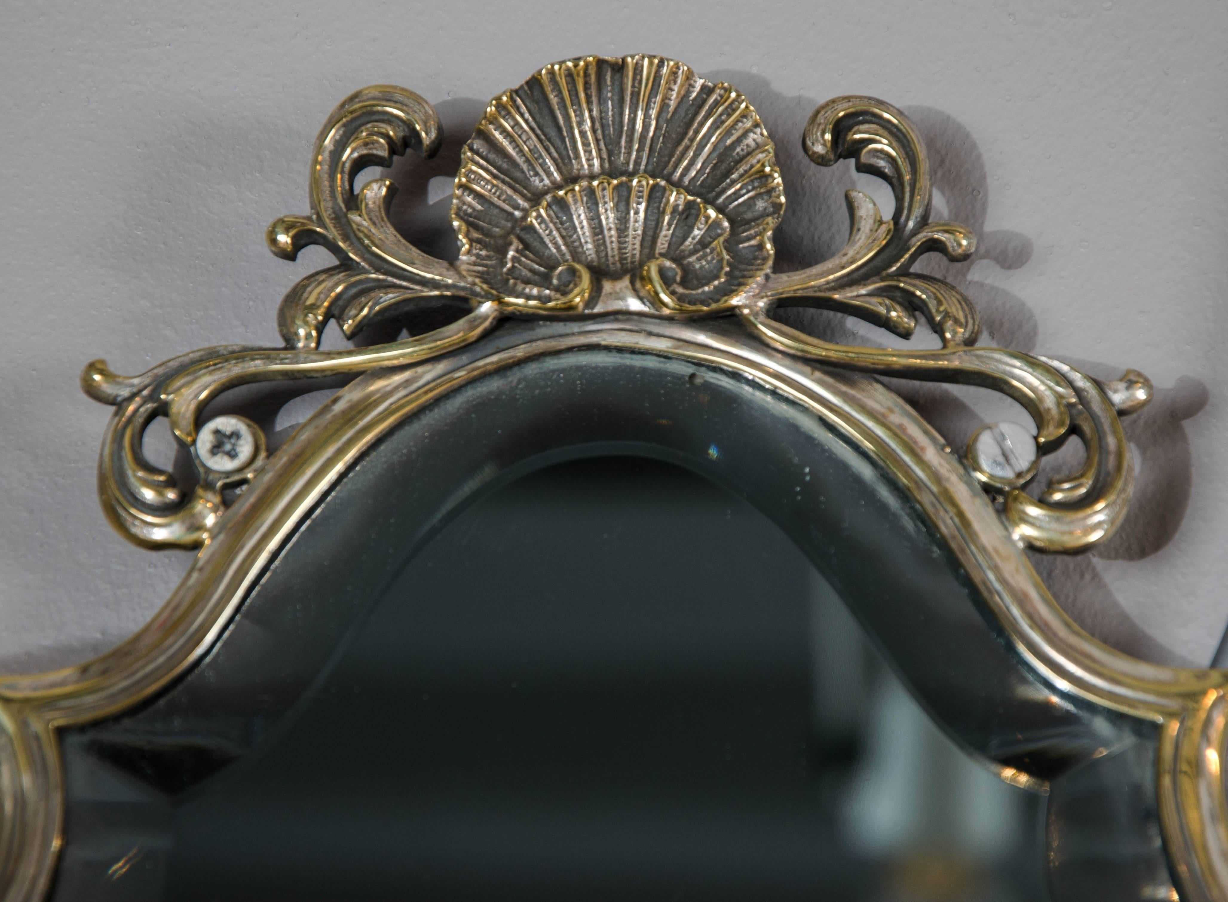 English Pair of Edwardian Silver Plated Wall Lights with Smoked Blue Mirror Plates