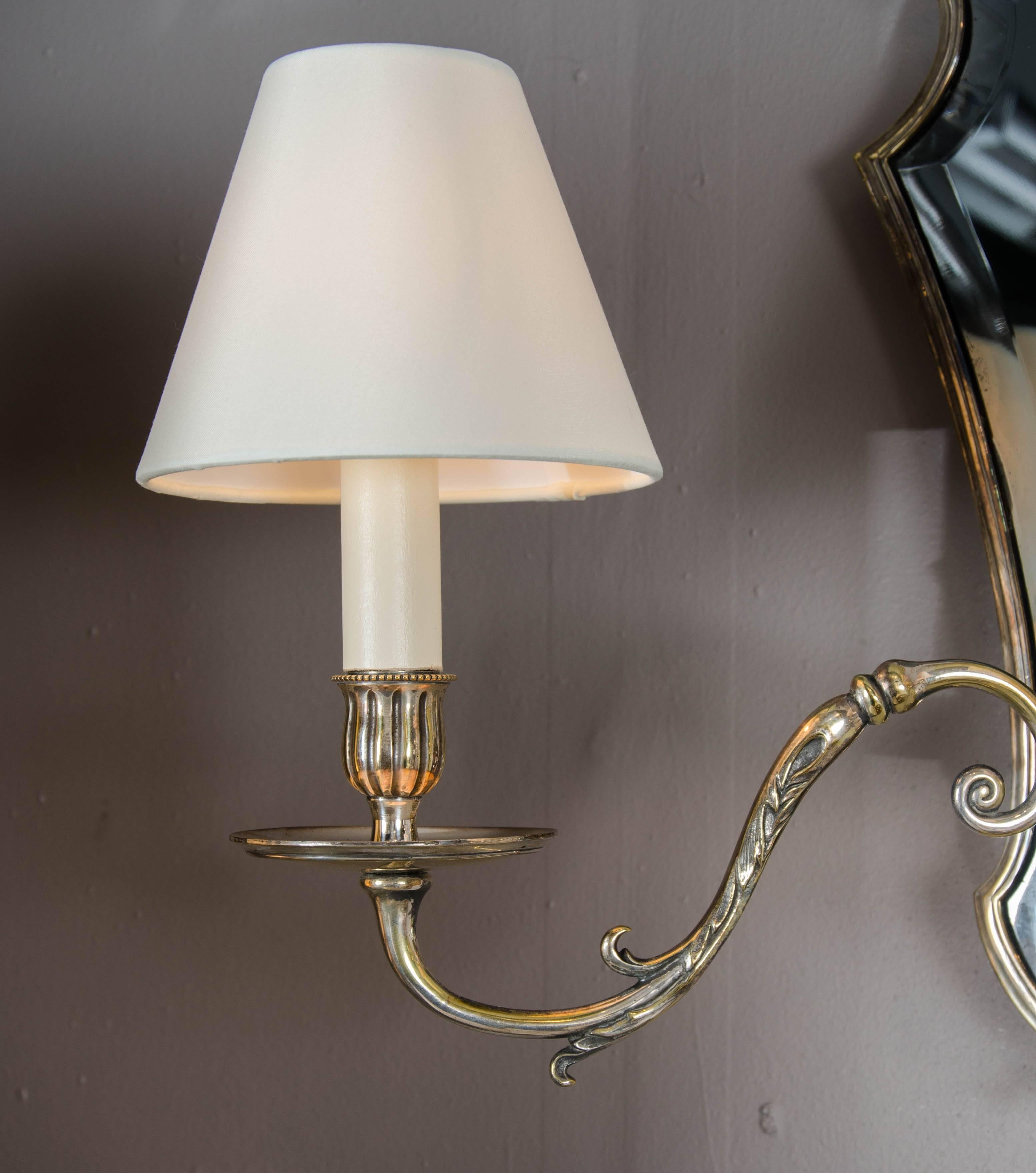 Early 20th Century Pair of Edwardian Silver Plated Wall Lights with Smoked Blue Mirror Plates