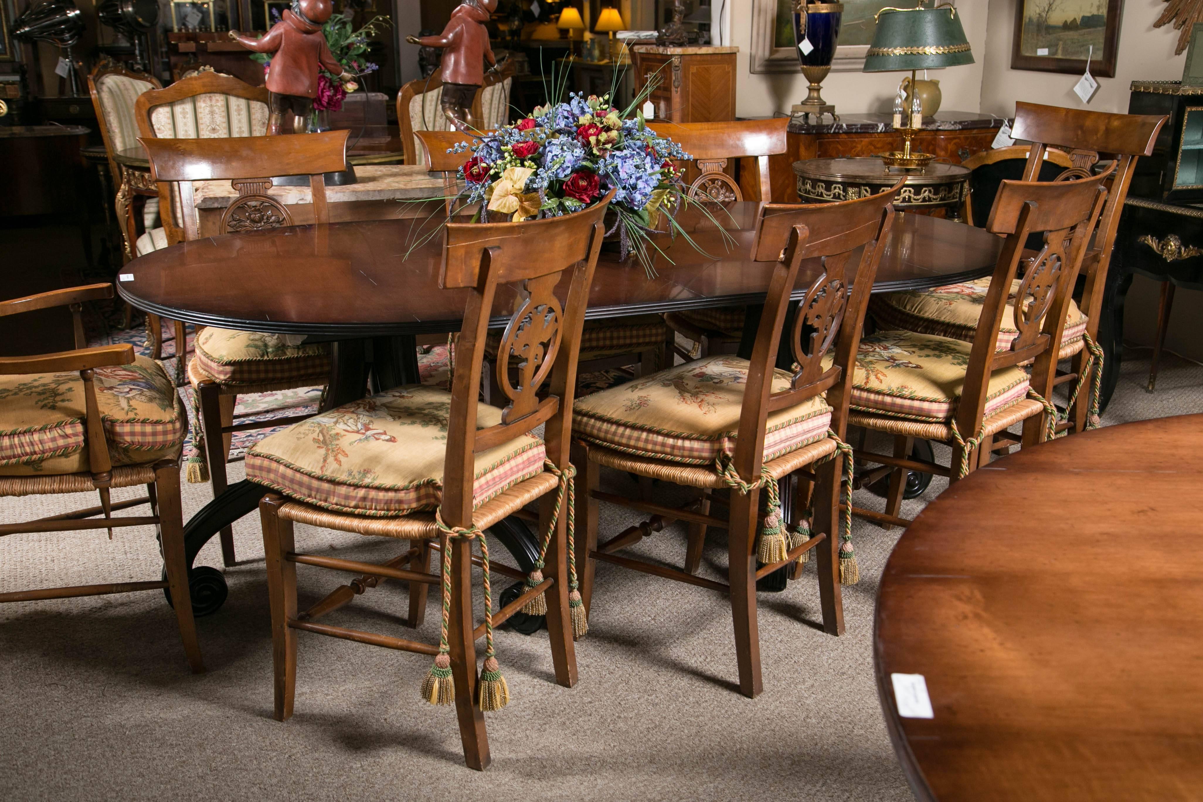 Ralph Lauren scroll base Jack Phillips design Caroline dining table. This is one solid table having a tripod double pedestal base supporting a solid wood top. The dimensions are wonderfully made to seat up to 8 comfortably.

From a recently acquired