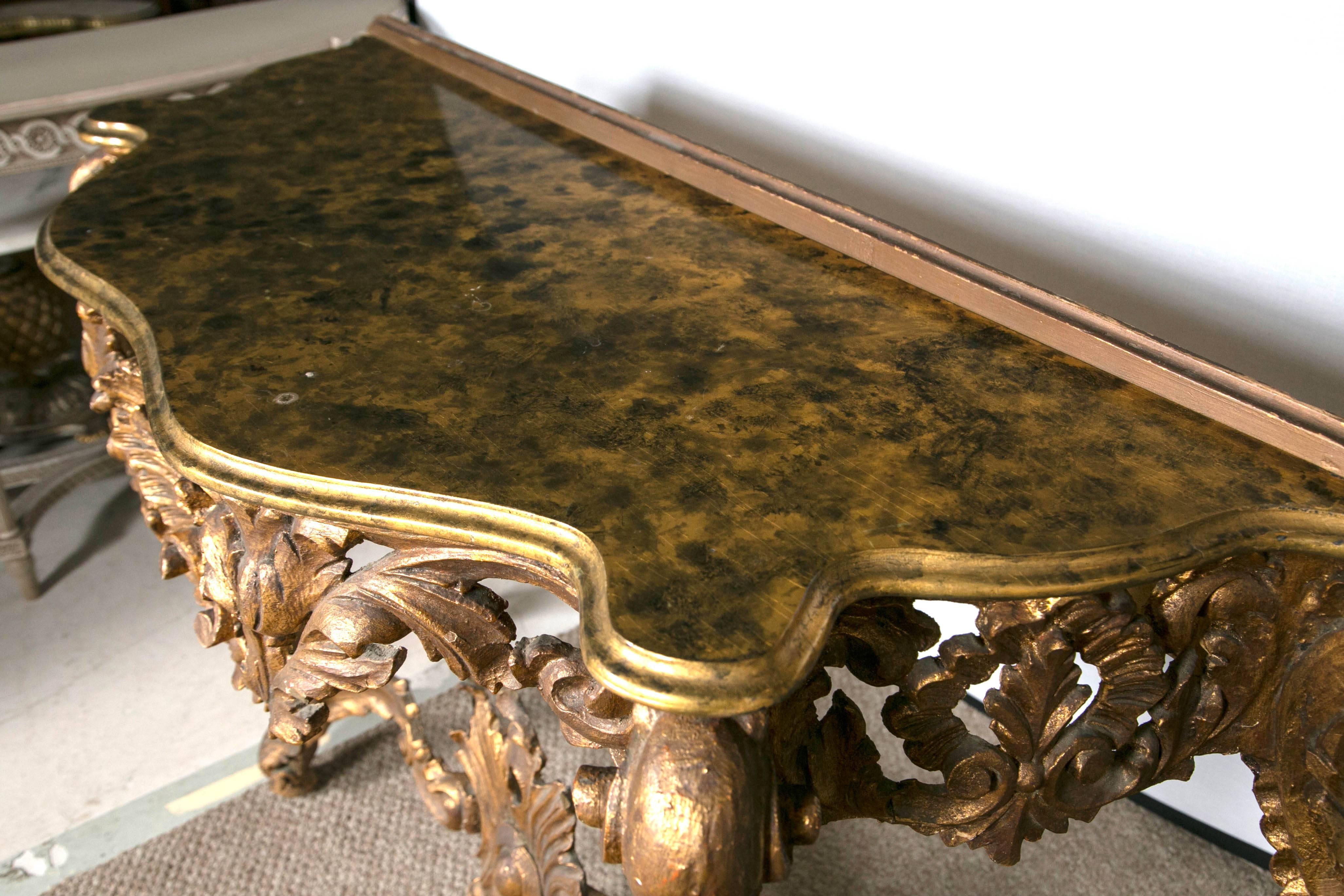 Pair of Italian Giltwood Consoles with Faux Marble Tops Exquisite Detail  1