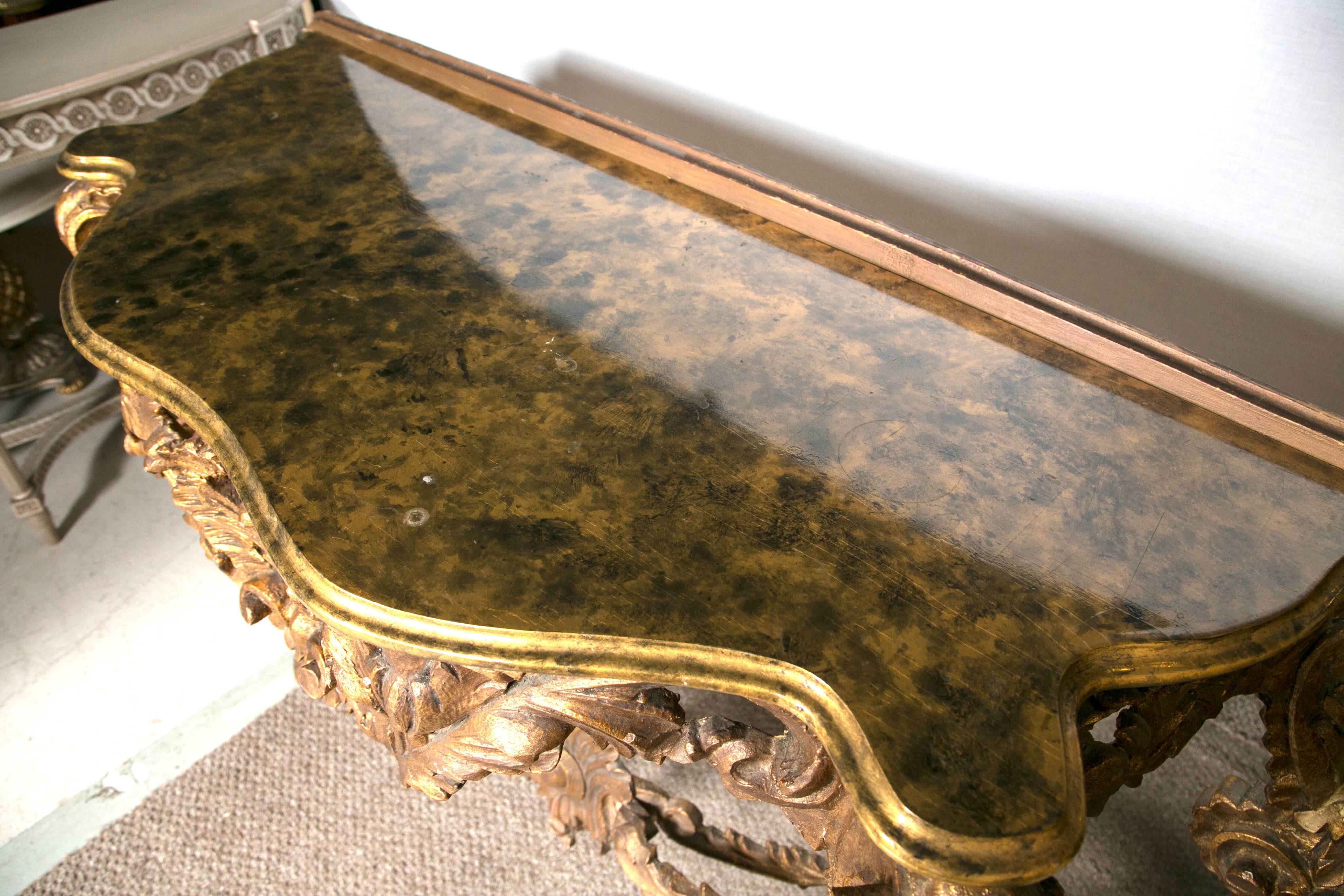 Pair of Italian Giltwood Consoles with Faux Marble Tops Exquisite Detail  2
