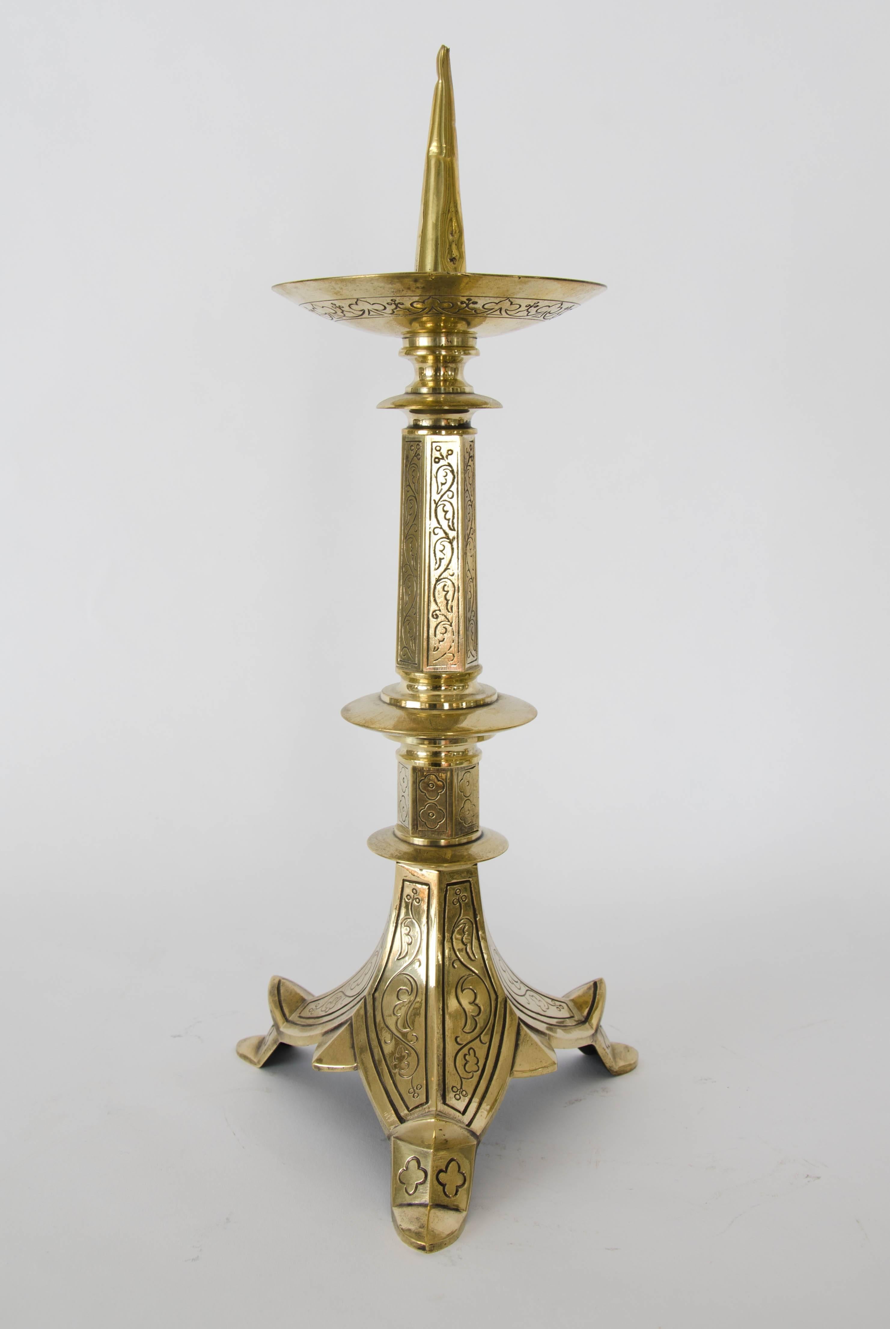 19th Century Pair of Brass Picket Candlesticks For Sale