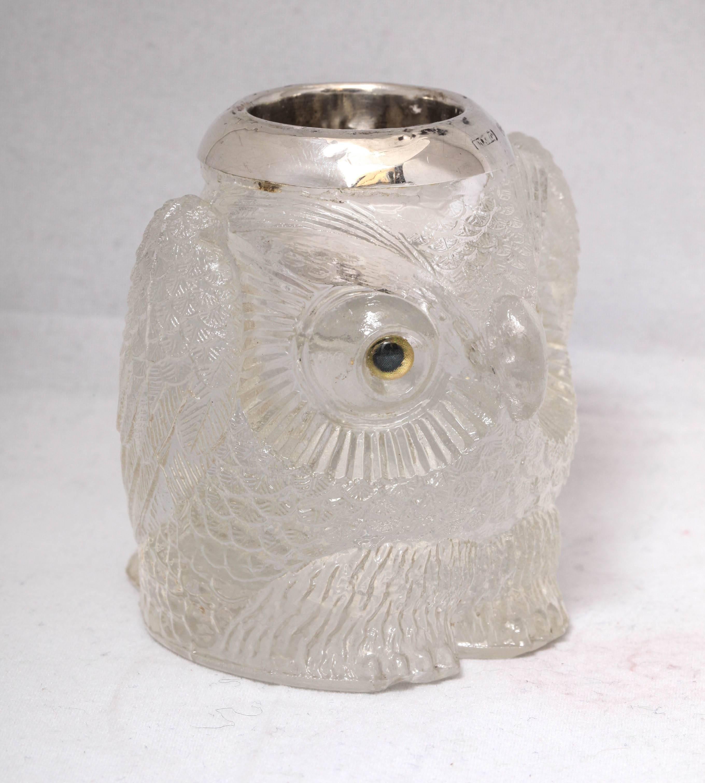 Rare and unusual Edwardian, sterling silver-mounted owl-form match striker with glass eyes, London, 1911, J.N. Kuhn & Co. - maker. Match 