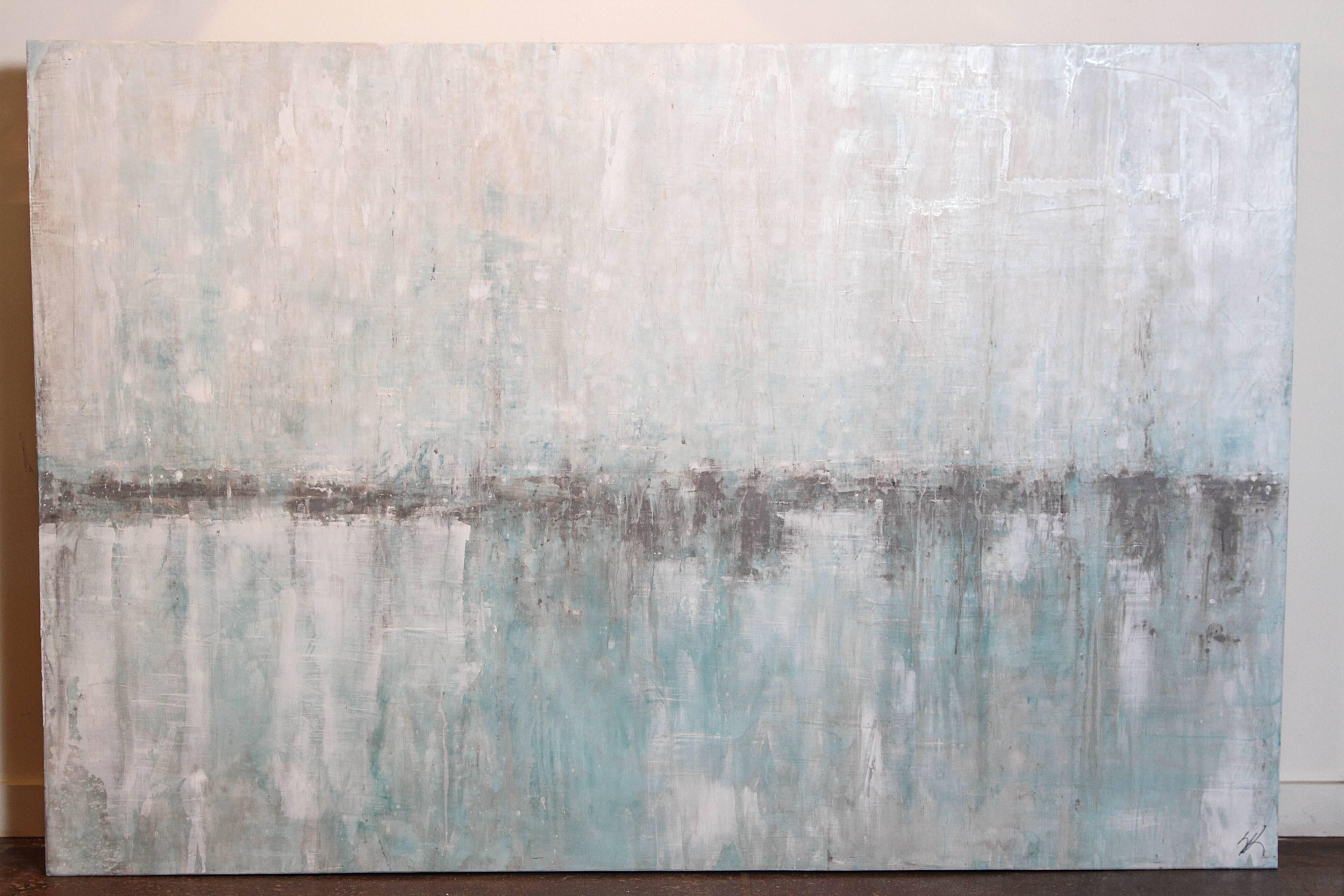 Simplicity (48 x 72). 
Original artwork by Scott Kerr. 
Technique: Venetian plaster on board, horizon colors fill with light blue, beige and white throughout the painting.
 
