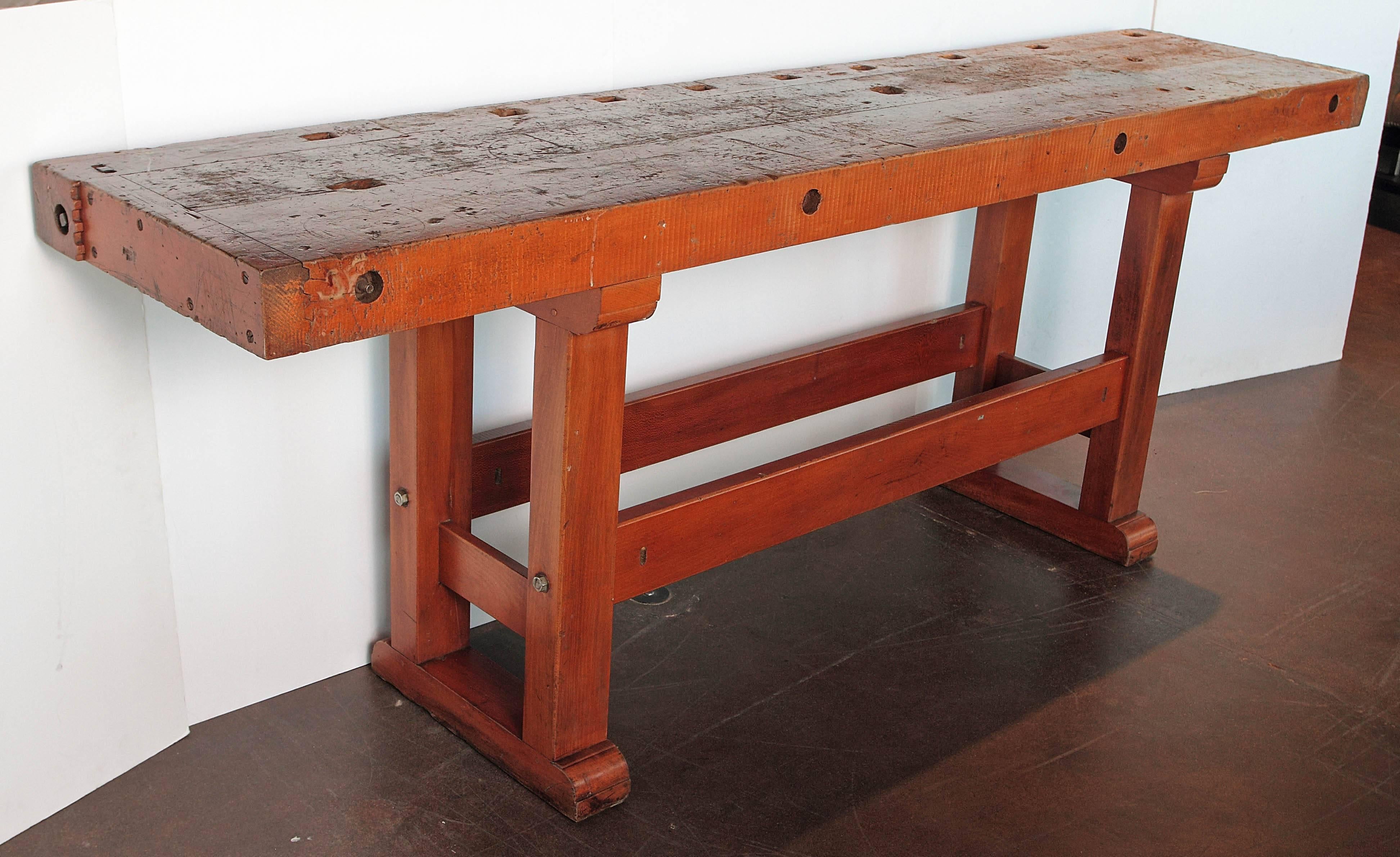 French Industrial orange shop table, circa 1920.
This holds a walnut wood top with a pine wood base, circa 1920.
With "antique orange" coloration.

The piece holds history from the #6:
Originally from a textile factory in