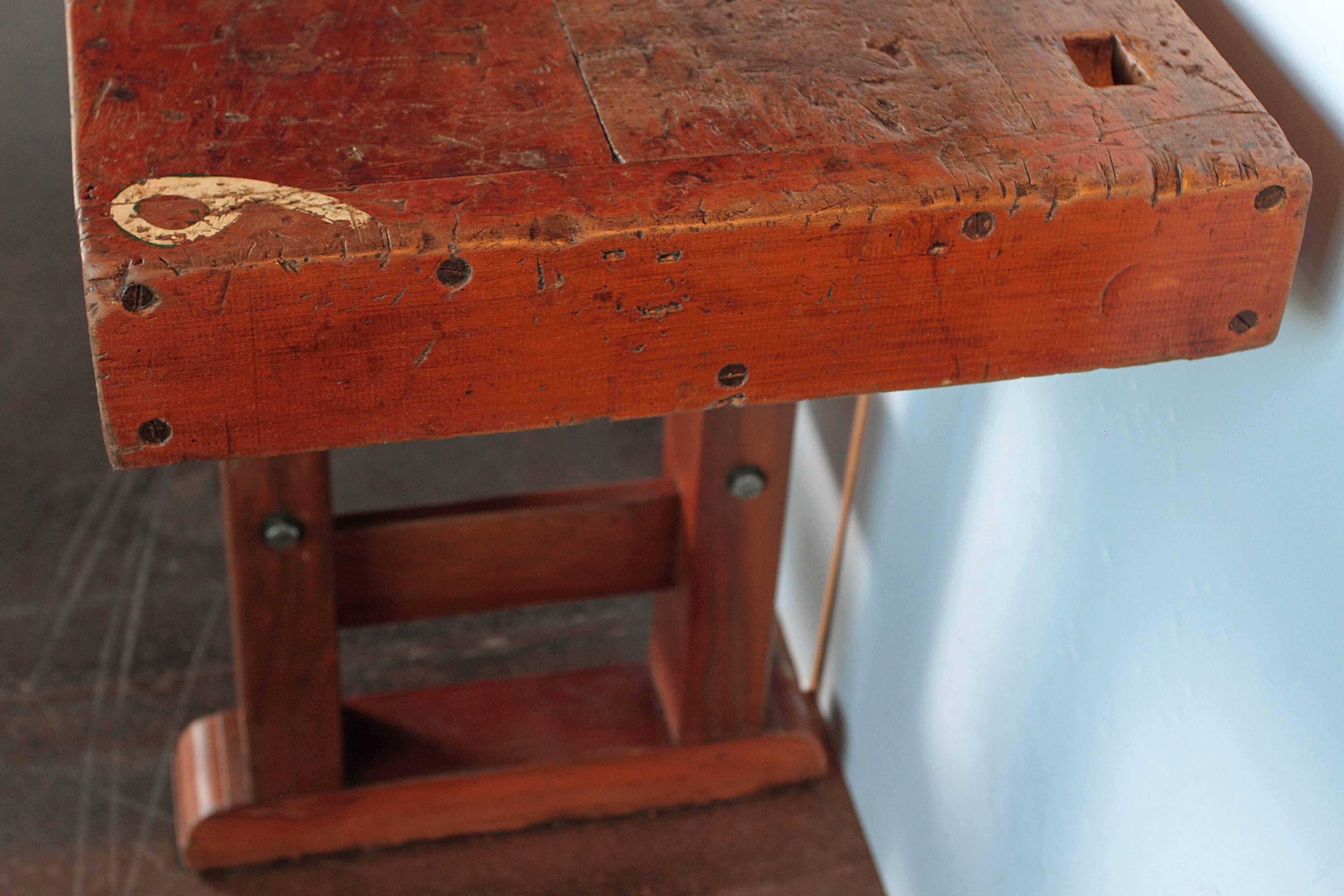 Pine French Industrial Orange Shop Table, circa 1920