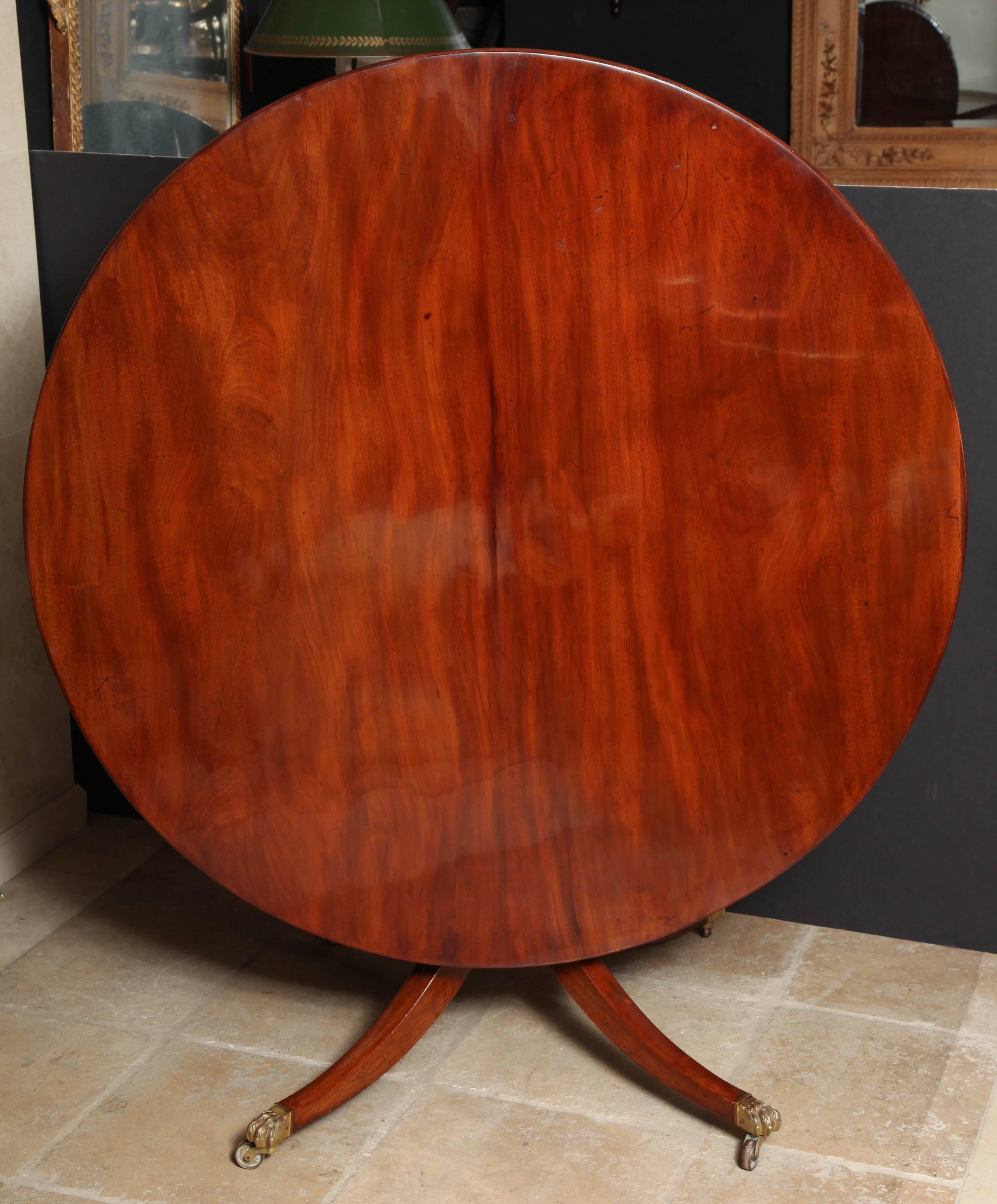 Good English Regency mahogany circular tilt center table or dining table, the top with double molded edge, raised on a quatropod pedestal support with brass paw casters.